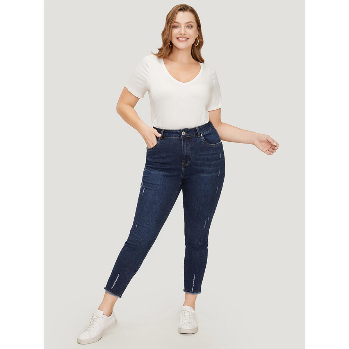 Plus Size Straight Leg Very Stretchy Raw Hem Jeans Women DarkBlue Casual Plain High stretch Pocket Jeans BloomChic 12/L Product Image