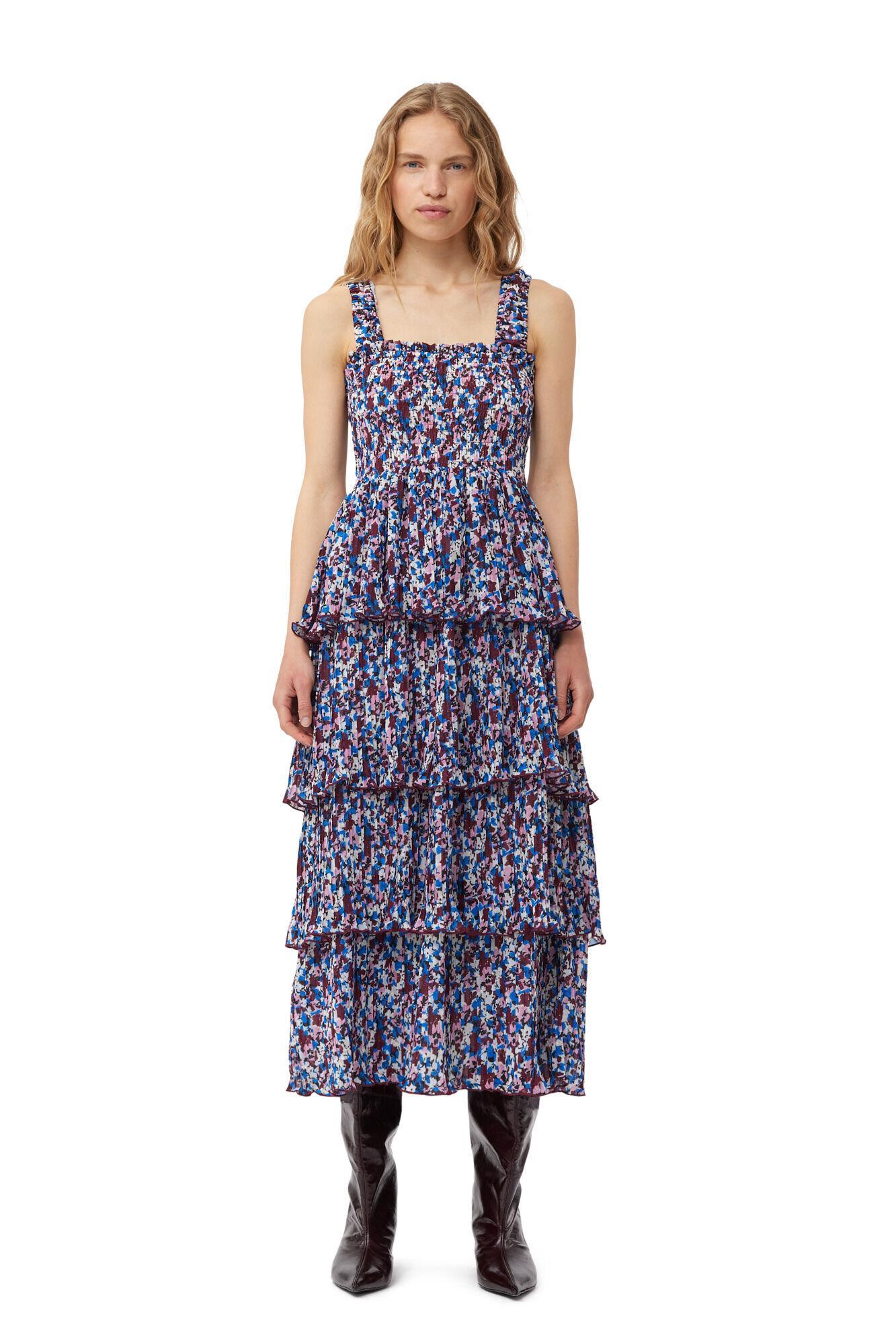 Multicolour Pleated Georgette Flounce Smock Midi Dress Product Image