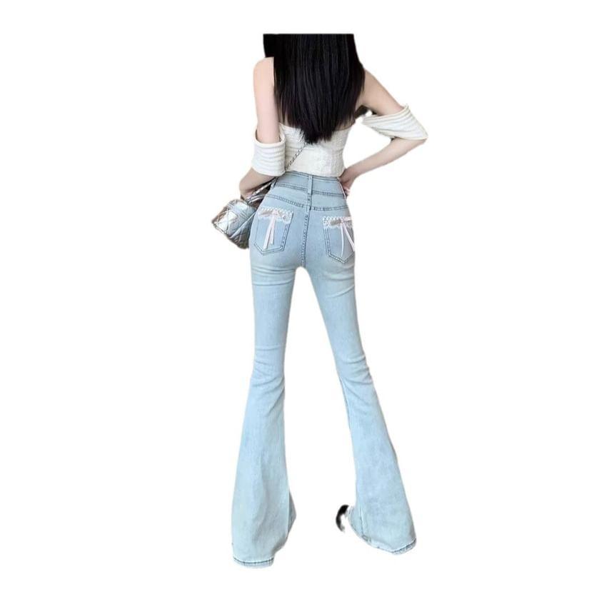 High Waist Washed Bow Lace Trim Flared Jeans Product Image
