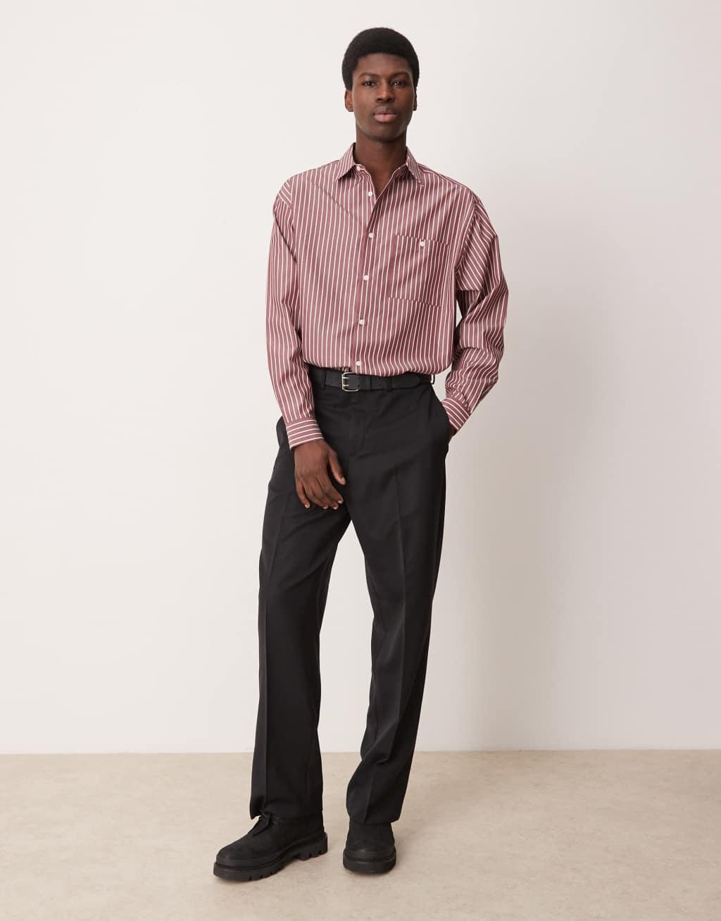 ASOS DESIGN oversize boxy shirt in burgundy stripe Product Image