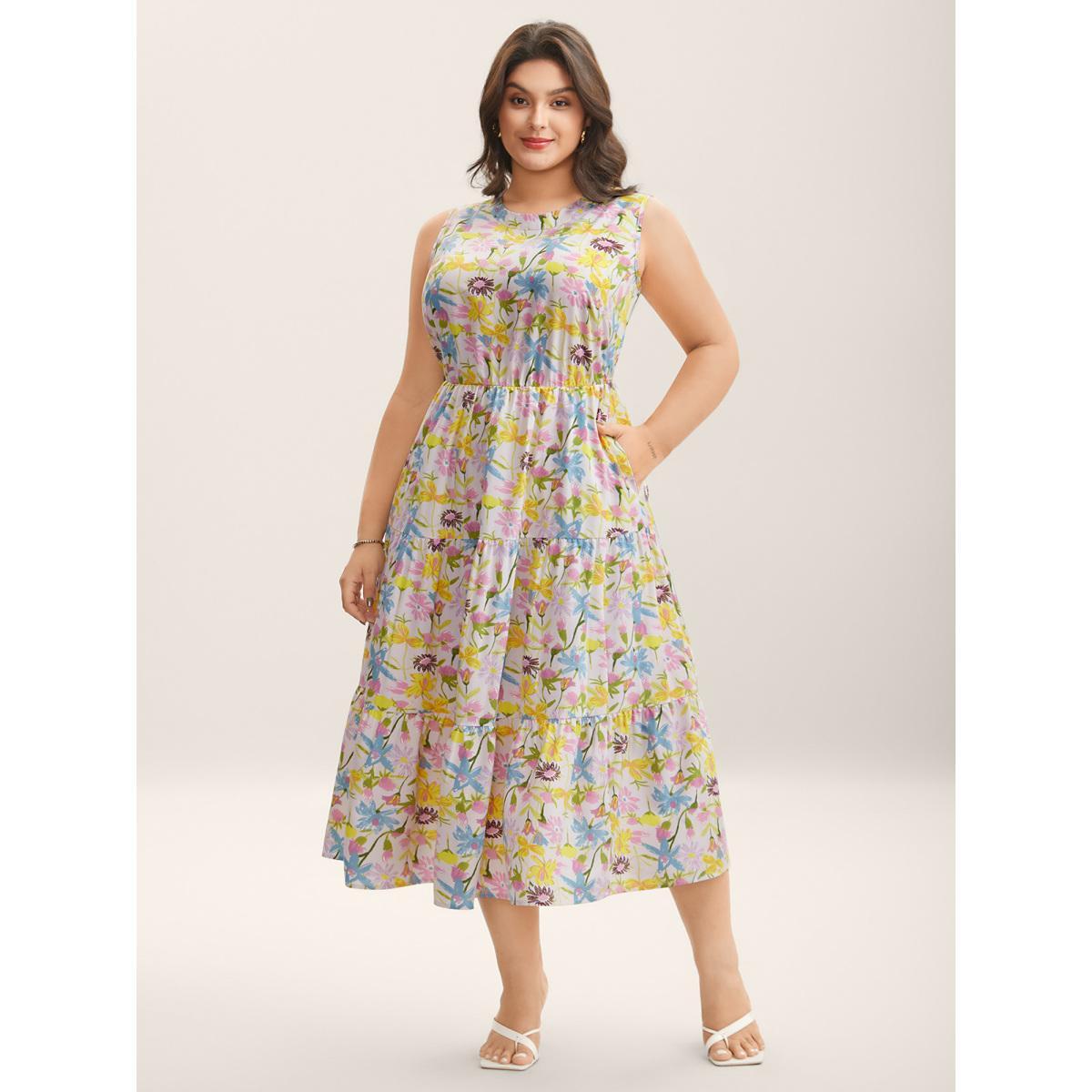 Plus Size Floral Print Round Neck Tiered Maxi Dress Lavender Women Round Neck Sleeveless Curvy BloomChic 28/5X Product Image