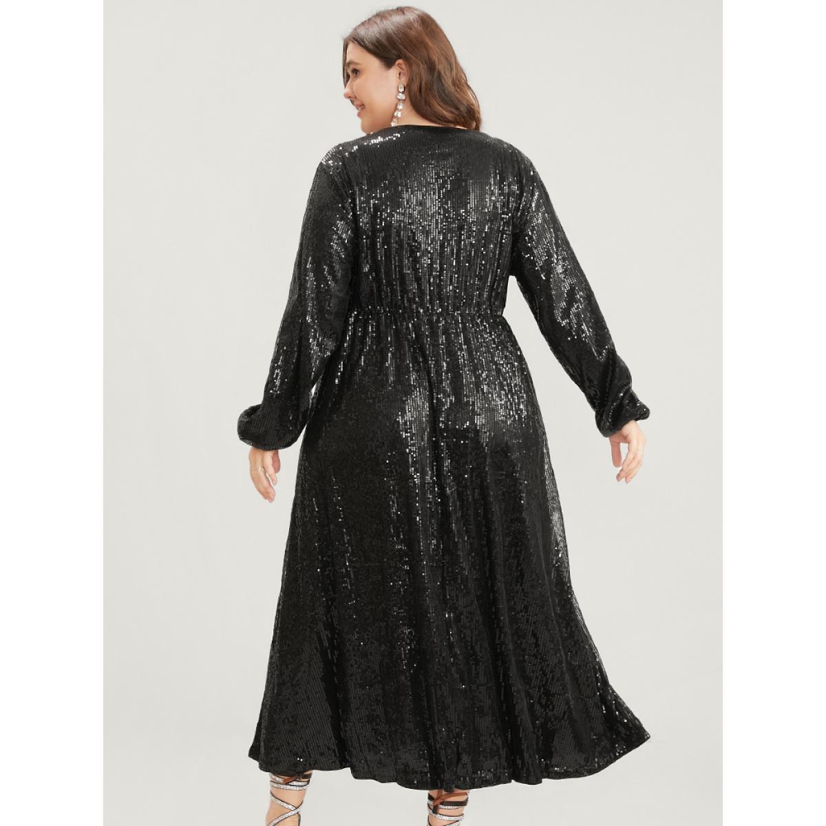 Plus Size Solid Lantern Sleeve Pocket Wrap Sequin Maxi Dress Black Women Party Elastic Waist V-neck Long Sleeve Curvy Long Dress BloomChic 18-20/2X Product Image