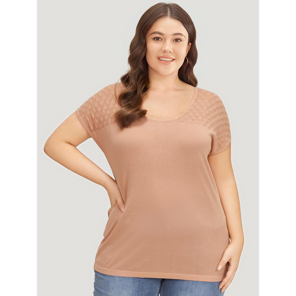 Plus Size Supersoft Essentials Plain Patchwork Batwing Sleeve Scoop Neck Pullover Salmon Women Casual Loose Short sleeve Scoop Neck Dailywear Pullovers BloomChic 12/L Product Image