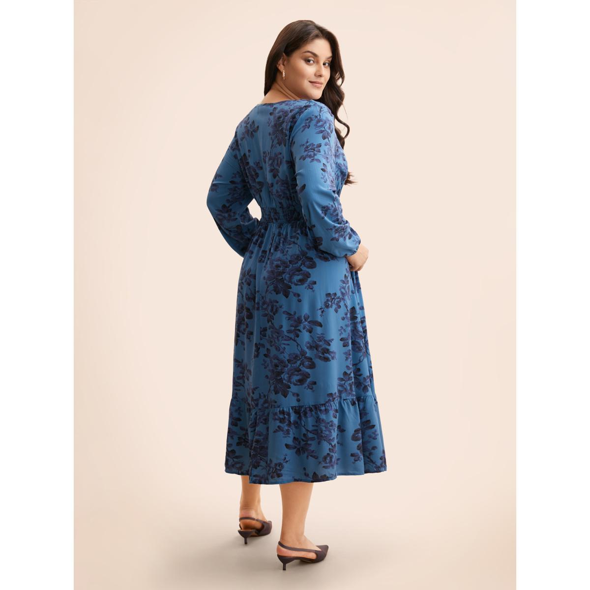 Plus Size Floral Wrap Lantern Sleeve Pocket Shirred Ruffle Hem Dress Indigo Women Elegant Pocket V-neck Long Sleeve Curvy Midi Dress BloomChic 28/5X Product Image