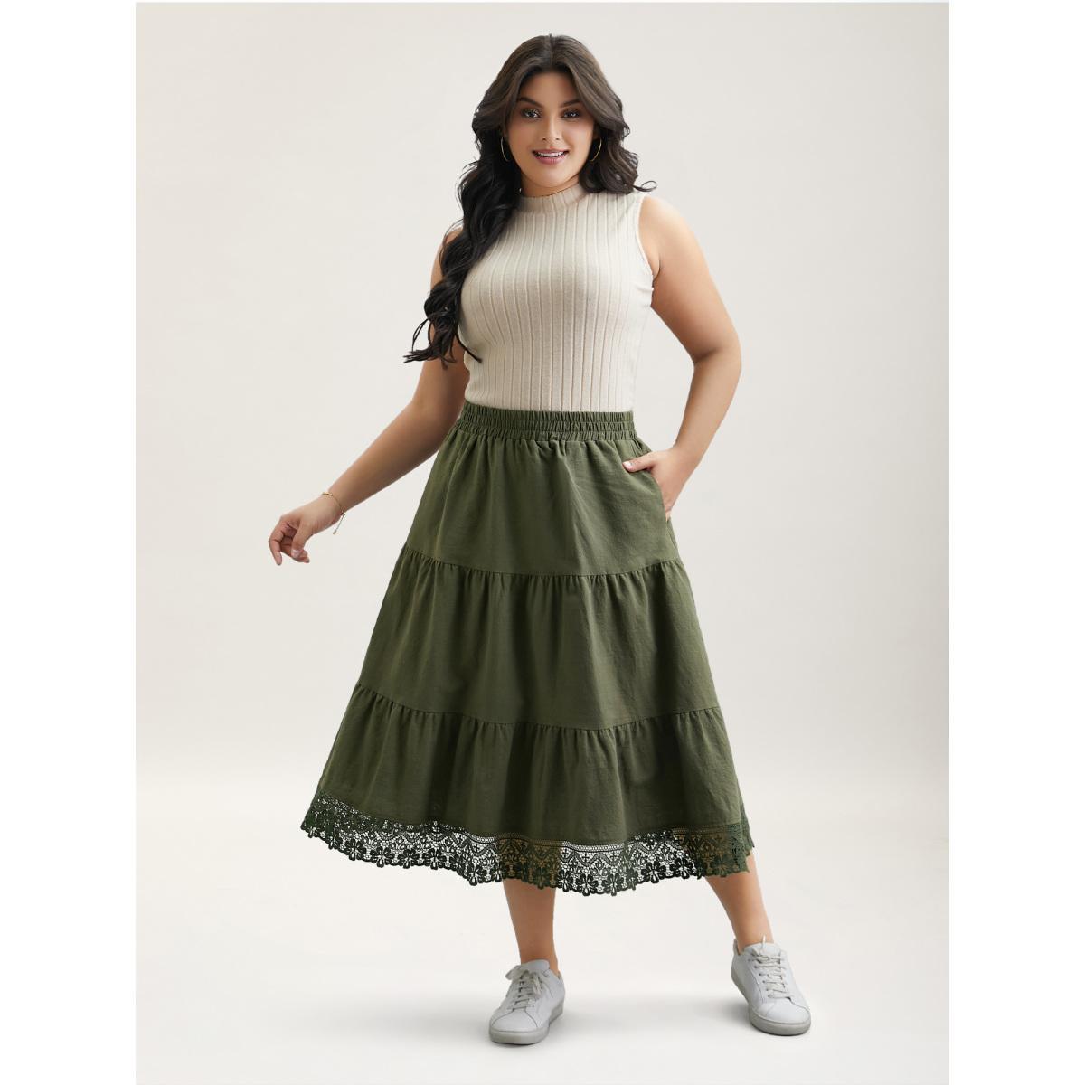 Plus Size Stretchy Waist Lace Tiered Midi Skirt Women ArmyGreen Elegant Gathered No stretch Side seam pocket Everyday Skirts BloomChic 18-20/2X Product Image