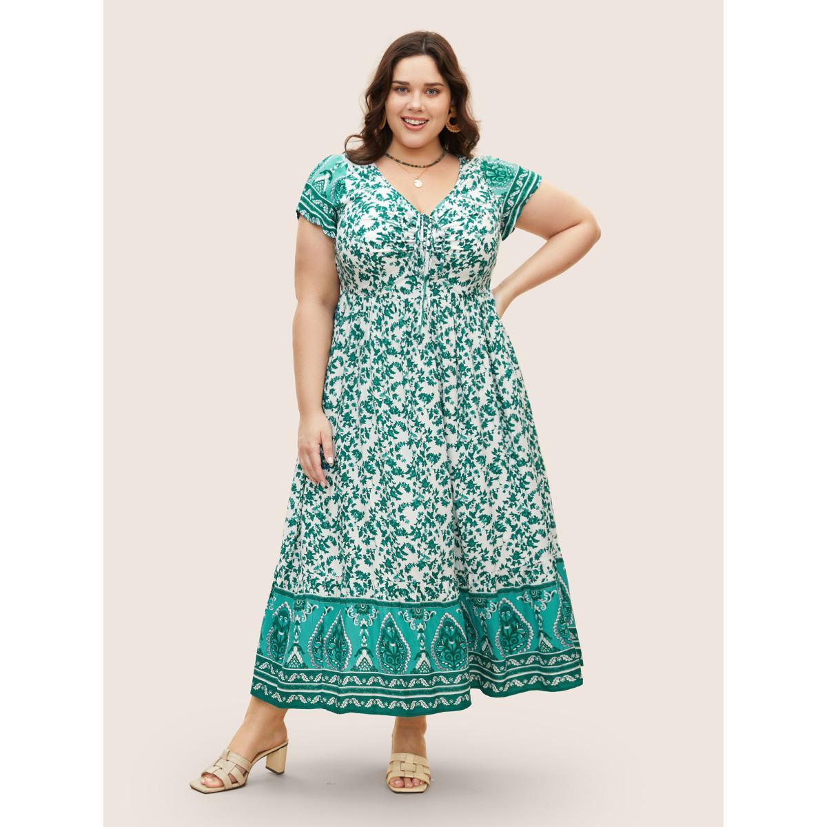 Plus Size Boho Print Drawstring Cap Sleeve Dress Malachitegreen Women Resort Drawstring Heart neckline Cap Sleeve Curvy BloomChic 22-24/3X Product Image