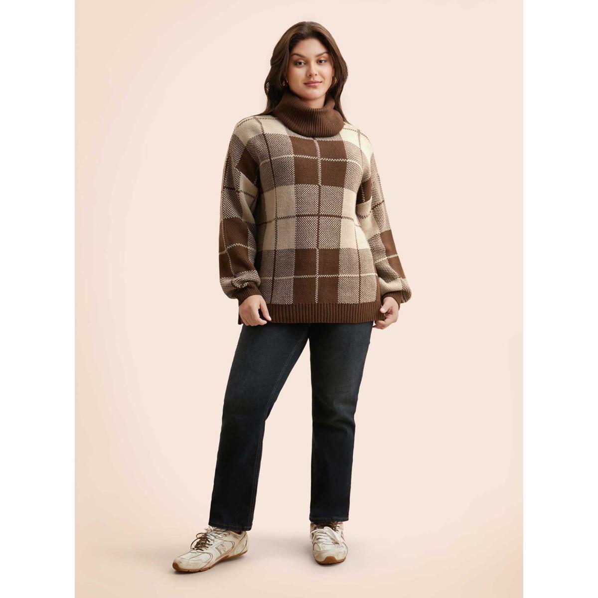 Plus Size Plaid Turtleneck Drop Shoulder Pullover Browncoffeecolor Women Casual Loose Long Sleeve Turtleneck Everyday Pullovers BloomChic 18-20/2X Product Image