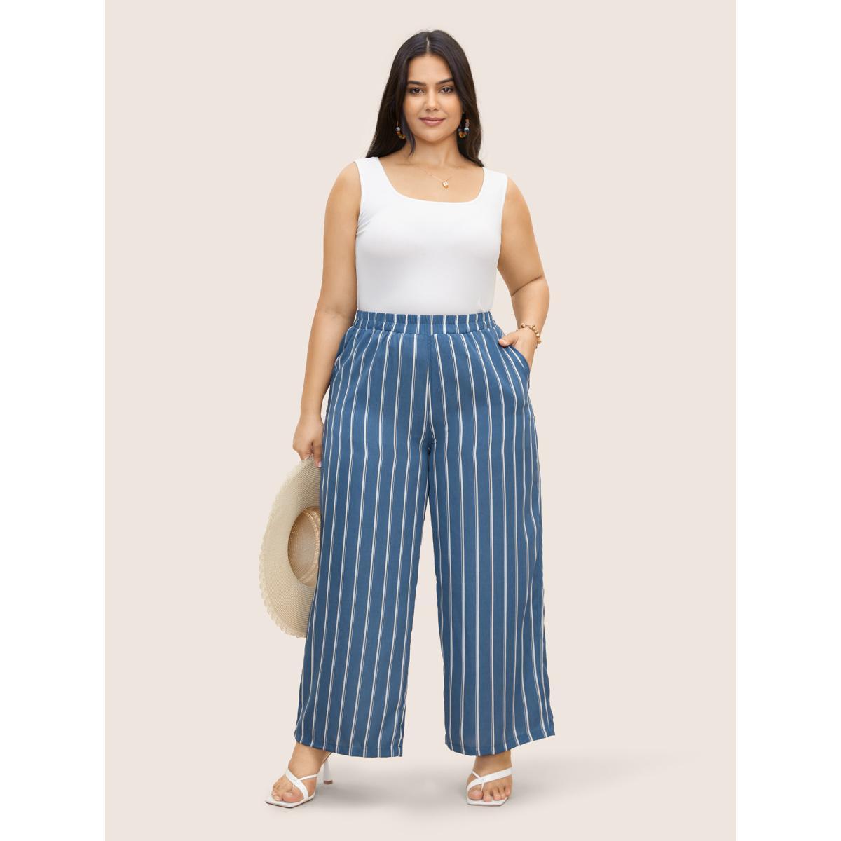 Plus Size Striped Elastic Waist Wide Leg Pants Women Cerulean Resort Loose Mid Rise Vacation Pants BloomChic 10/M Product Image