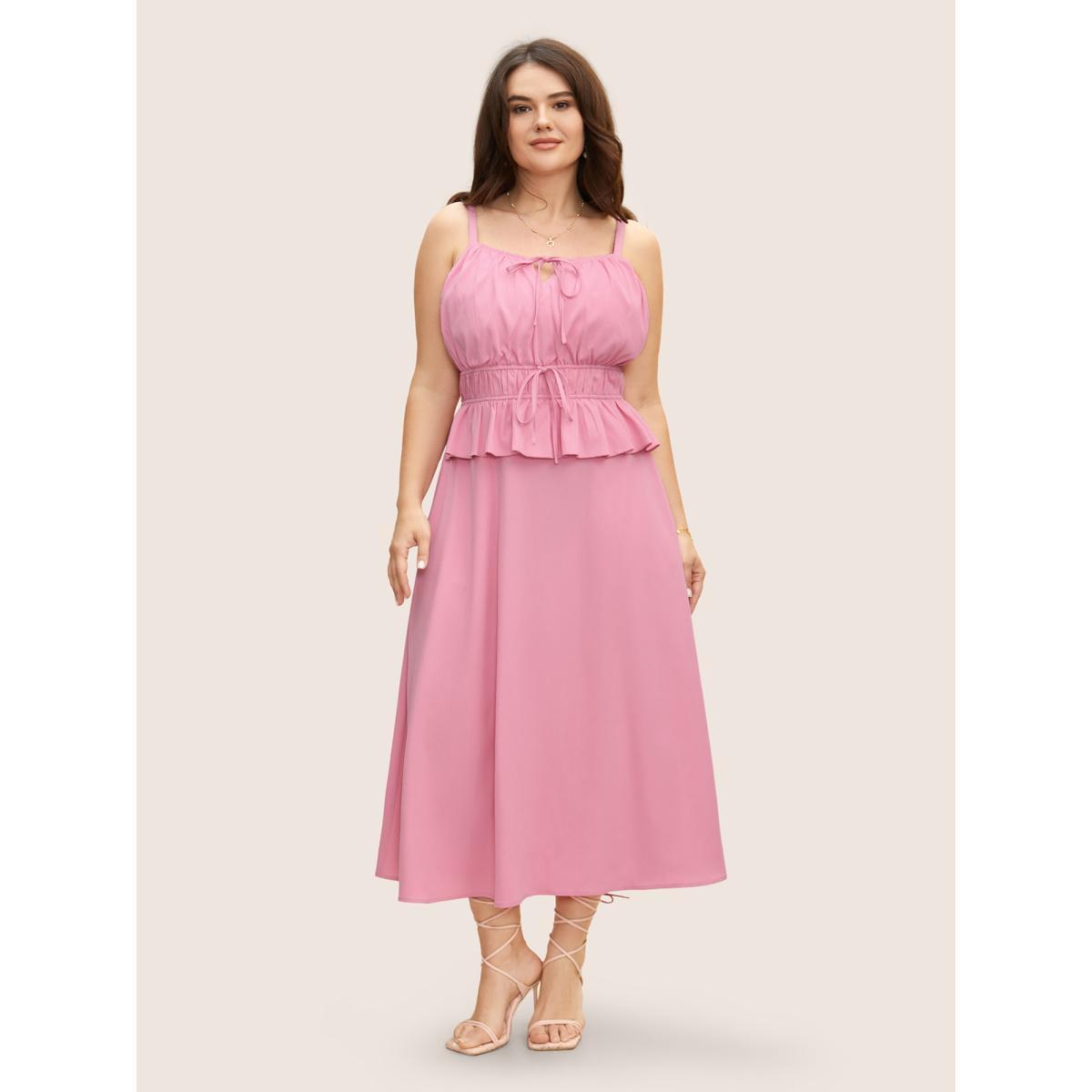 Plus Size Plain Textured Tie Knot Ruffles Cami Dress Blush Women Elegant Tie knot Non Sleeveless Curvy BloomChic 30/6X Product Image