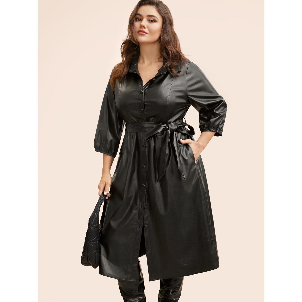 Plus Size Shirt Collar PU Leather Belted Dress Black Women Elegant Belted Shirt collar Elbow-length sleeve Curvy BloomChic 26/4X Product Image