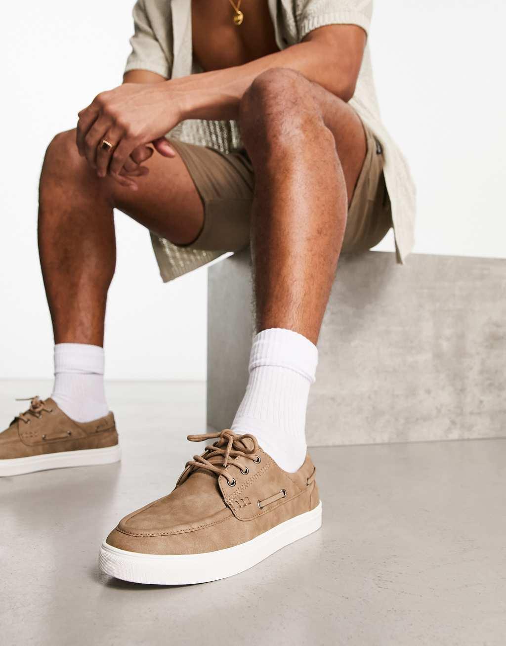 ASOS DESIGN boat shoes in stone faux leather with white sole Product Image