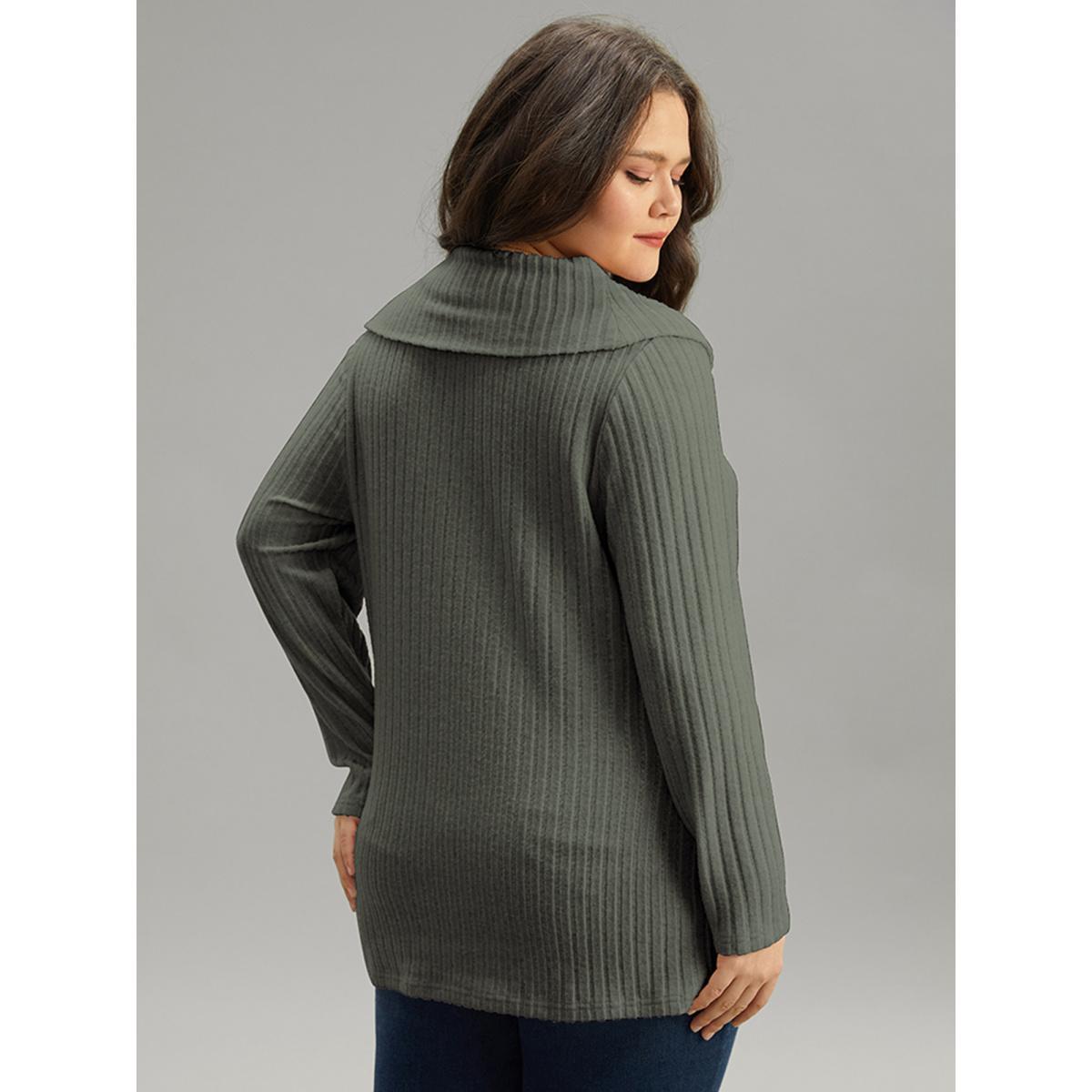 Plus Size Plain Rib Knit Cowl Neck T-shirt Green Women Elegant Texture Plain Ruffled collar Dailywear T-shirts BloomChic 10/M Product Image