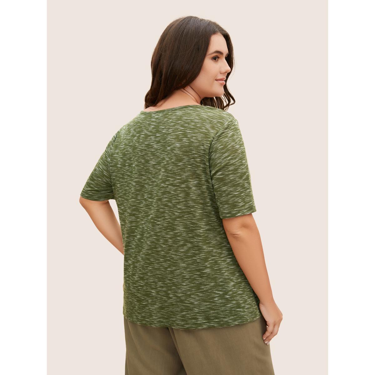 Plus Size Round Neck Heather Pleated Button Detail T-shirt Moss Women Casual Button Plain Round Neck Everyday T-shirts BloomChic 14-16/1X Product Image