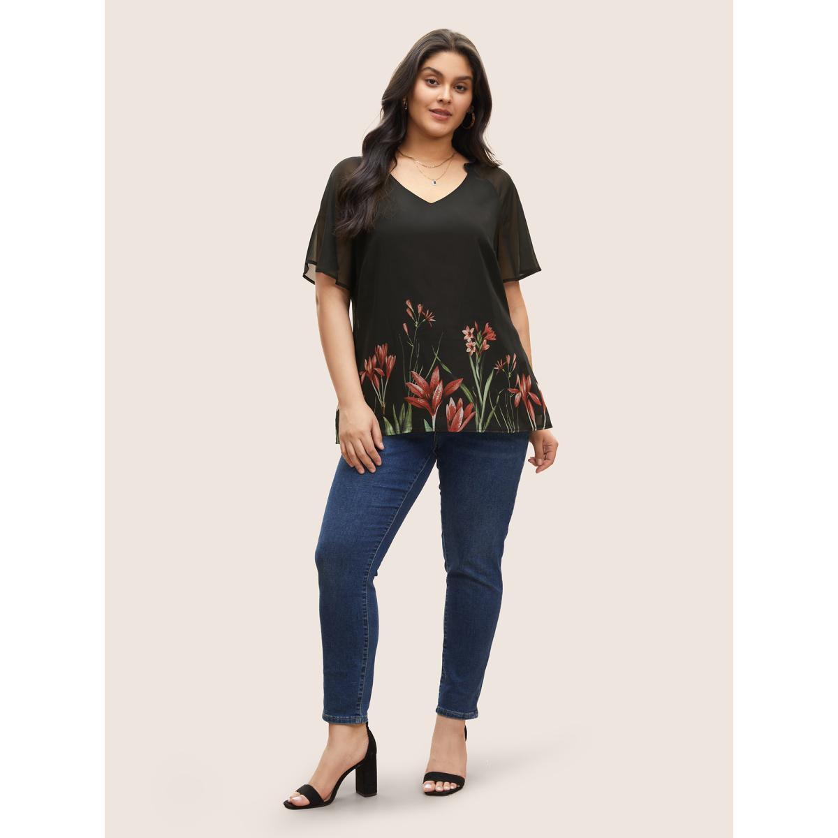 Plus Size Black Boho Print Mesh Patchwork Frill Trim Blouse Women Elegant Short sleeve V-neck Everyday Blouses BloomChic 30/6X Product Image