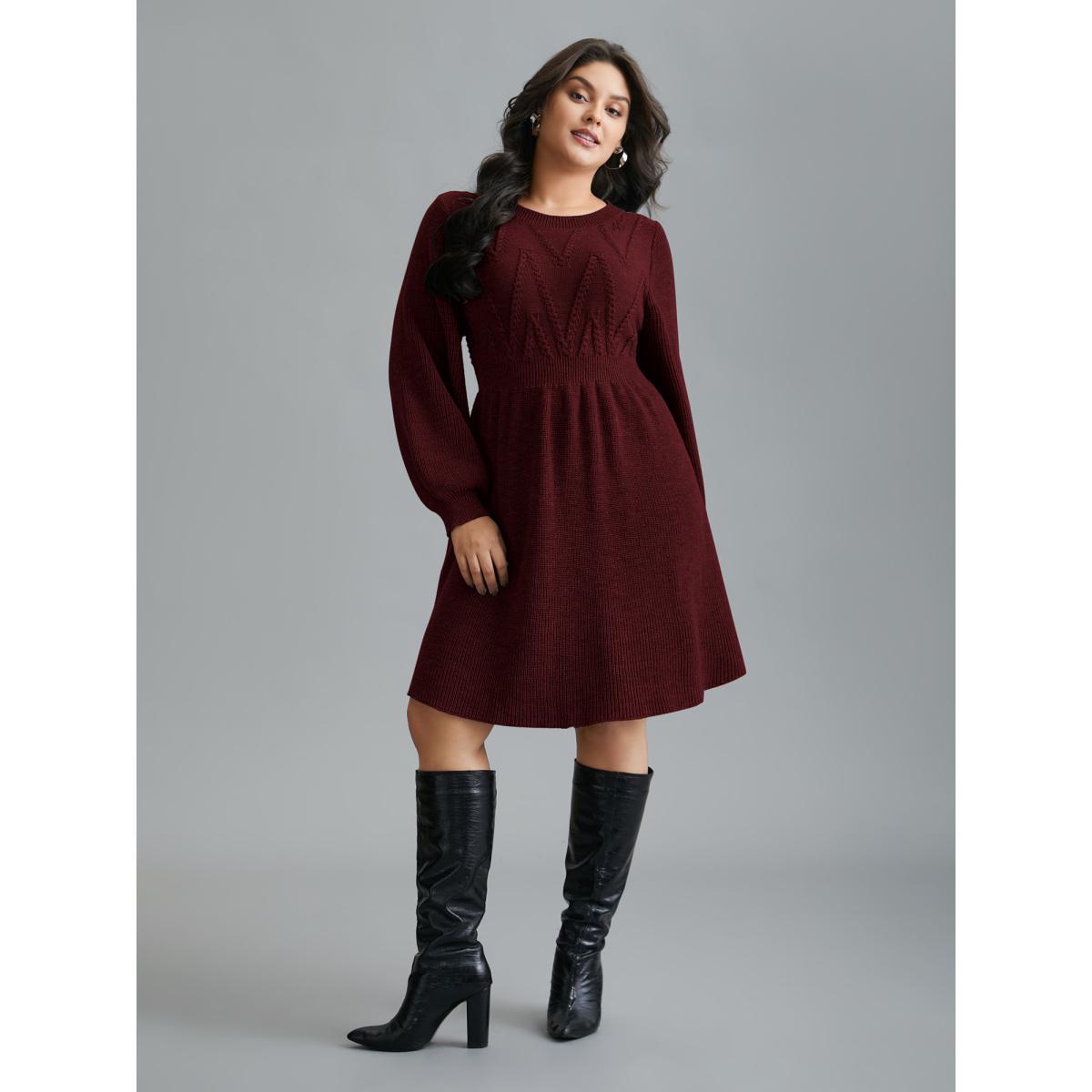 Plus Size Cable Knit Elastic Waist Midi Sweater Dress Deepred Women Elegant Bodycon Long Sleeve Everyday Sweater Dresses BloomChic 30/6X Product Image