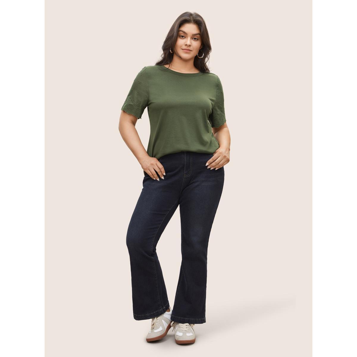 Plus Size Plain Crew Neck Broderie Anglaise T-shirt ArmyGreen Women Elegant Non Plain Round Neck Everyday T-shirts BloomChic 28/5X Product Image