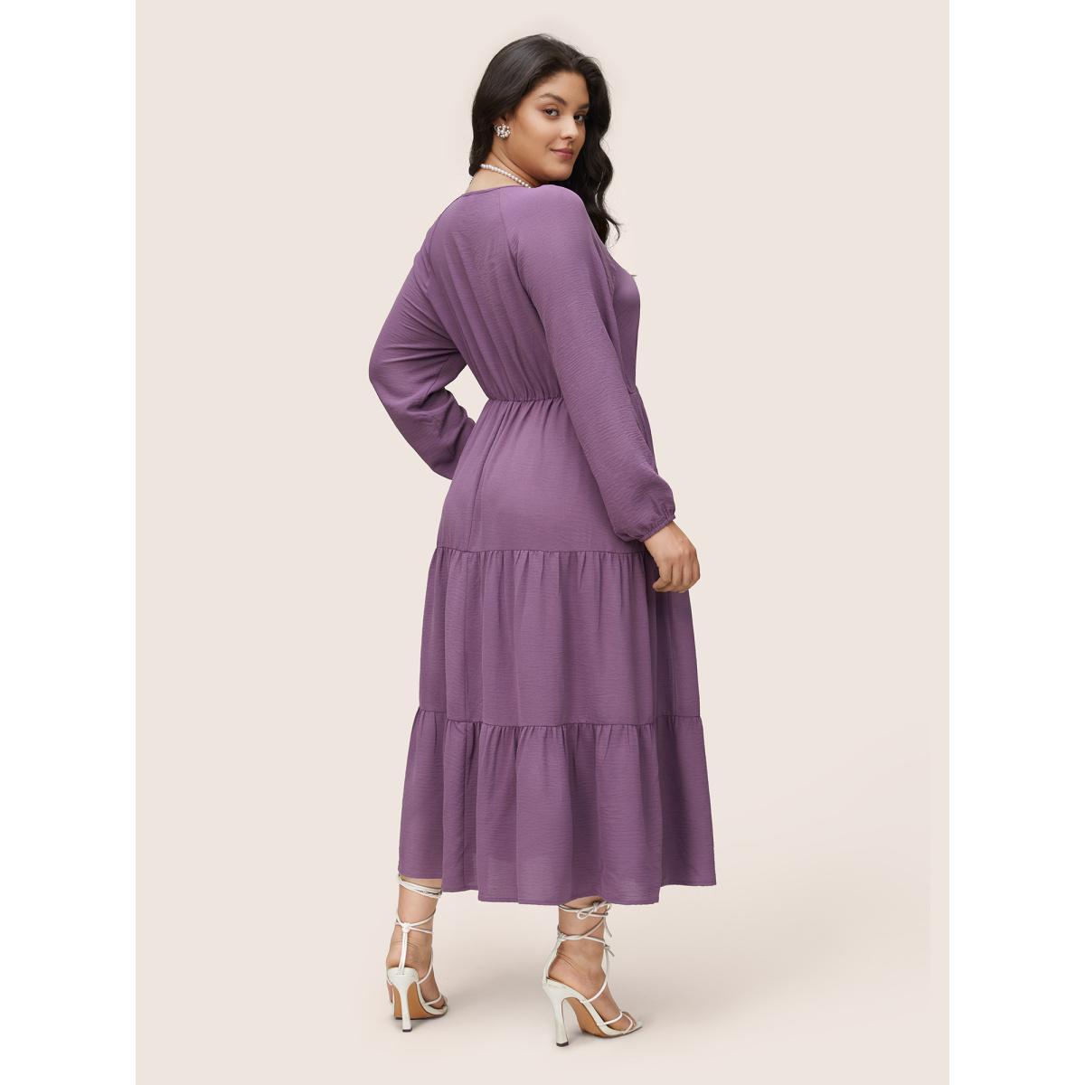 Plus Size Solid Ruched Raglan Sleeve Layered Hem Dress Mauve Women Elegant Elastic cuffs V-neck Long Sleeve Curvy Midi Dress BloomChic 22-24/3X Product Image