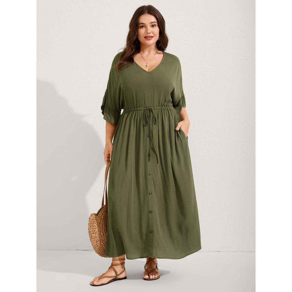Plus Size Waist-Defining Tie Ruffled Sleeve Midi Dress ArmyGreen Women V-neck Half Sleeve Curvy BloomChic 18-20/2X Product Image