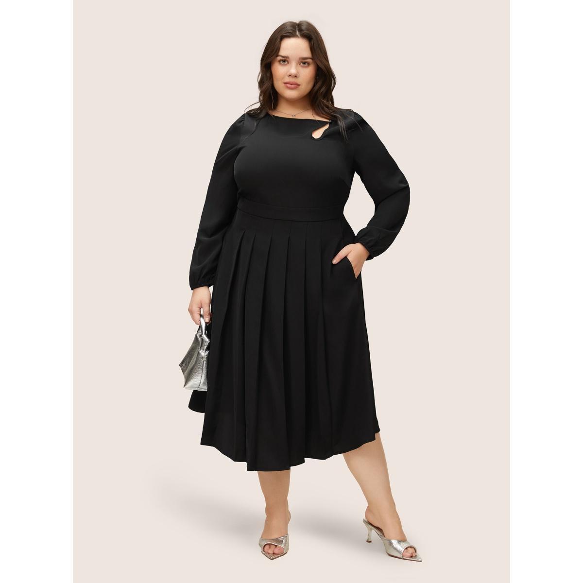 Plus Size Anti-Wrinkle Asymmetrical Neck Keyhole Pleated Hem Dress Black Women At the Office Non Asymmetrical Neck Long Sleeve Curvy Midi Dress BloomChic 14-16/1X Product Image