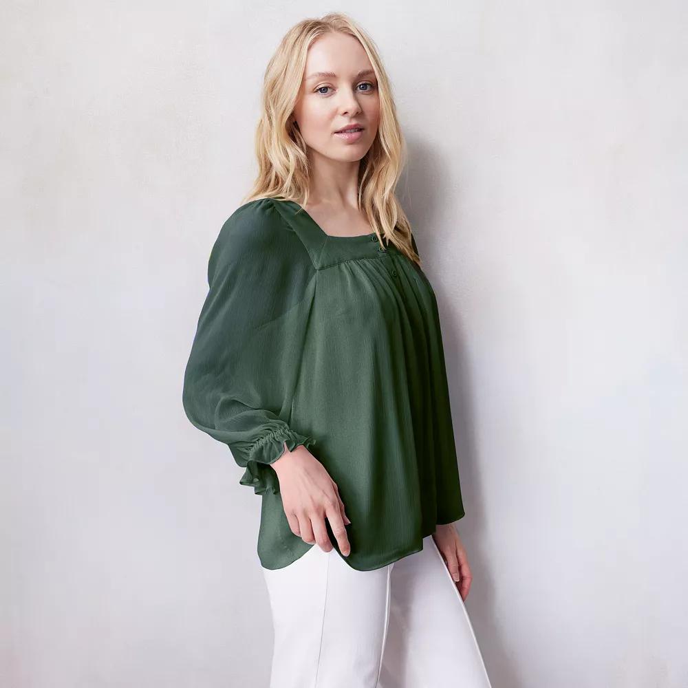 Petite LC Lauren Conrad Henley Puff Sleeve Peasant Top, Women's, Size: Large Petite, Garland Green Product Image