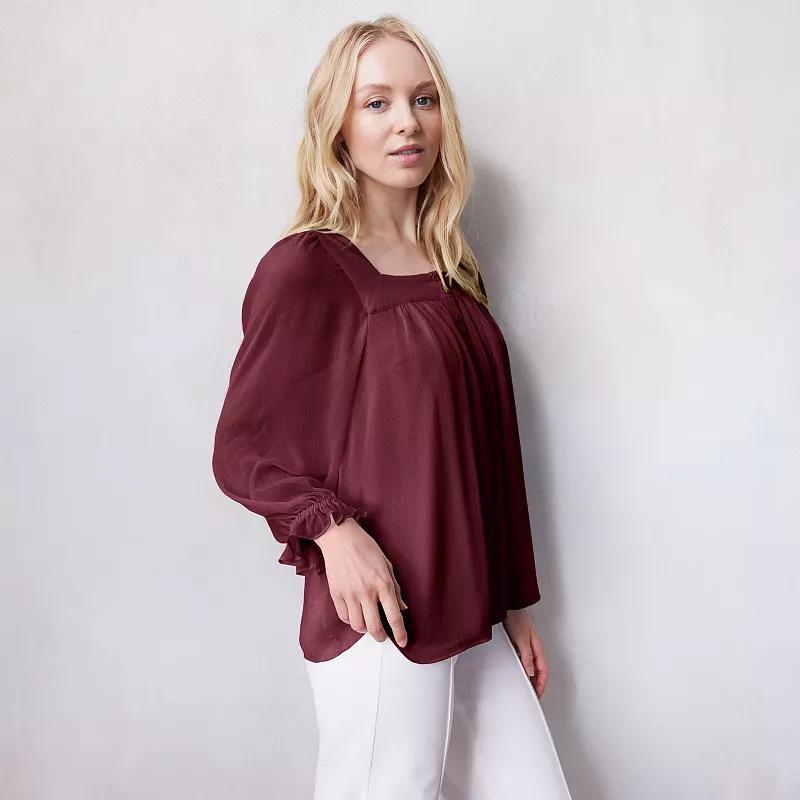 Petite LC Lauren Conrad Henley Puff Sleeve Peasant Top, Women's, Size: Large Petite, Garland Green Product Image