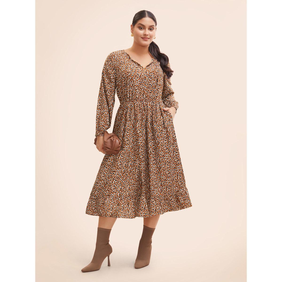 Plus Size Leopard Print Tie Knot Midi Dress Yellowishbrown Women At the Office Tie knot V-neck Long Sleeve Curvy BloomChic 10/M Product Image