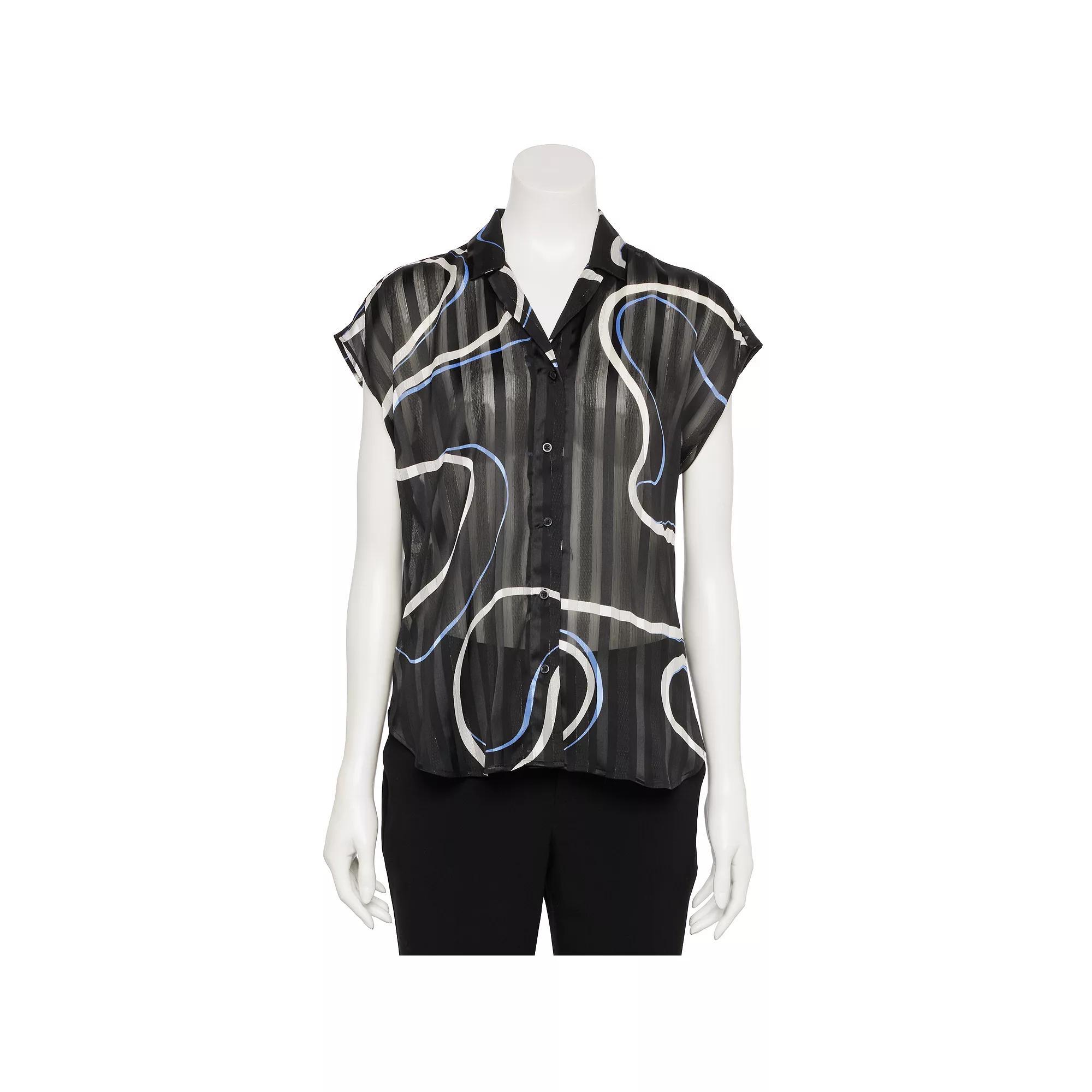 Women's Nine West Adaptive Short Sleeve Button Down Lapel Collar Shirt, Size: Medium, Black Simple Swirl Product Image