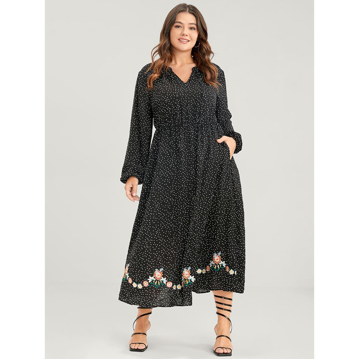Plus Size Polka Dot Lantern Sleeve Pocket Embroidered Detail Dress Black Women Vacation Embroidered V-neck Long Sleeve Curvy Midi Dress BloomChic 14-16/1X Product Image