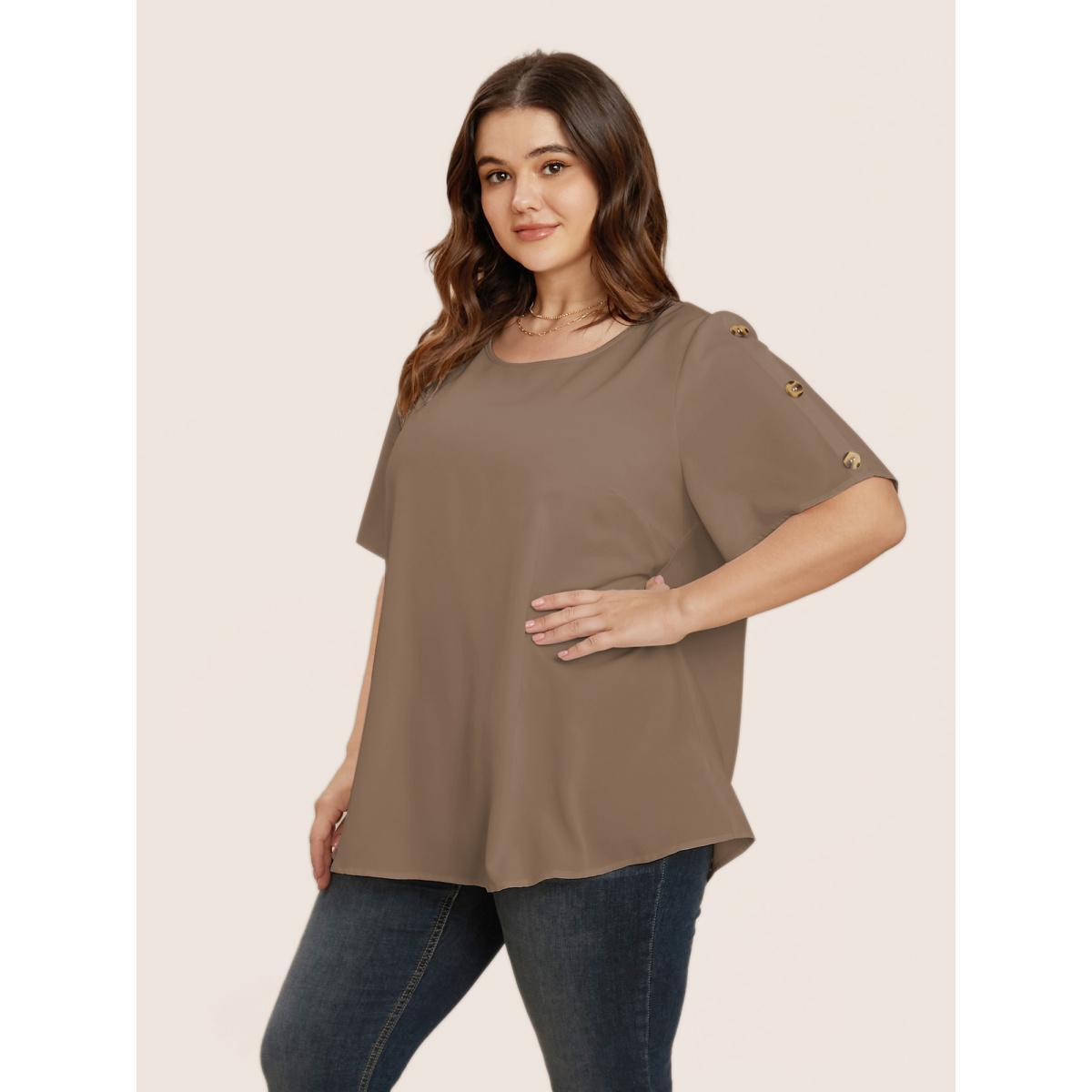 Plus Size Tan Plain Round Neck Button Detail Blouse Women Casual Short sleeve Round Neck Everyday Blouses BloomChic 12/L Product Image