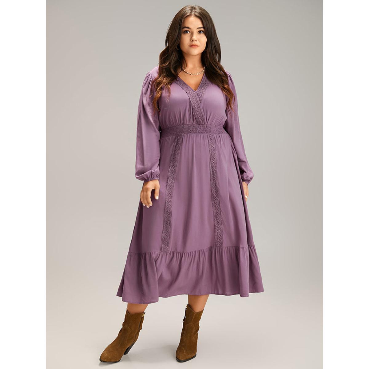 Plus Size Solid Eyelet Lace Shirred Wrap Flutter Hem Dress Mauve Women Elegant Elastic cuffs V-neck Long Sleeve Curvy Midi Dress BloomChic 10/M Product Image