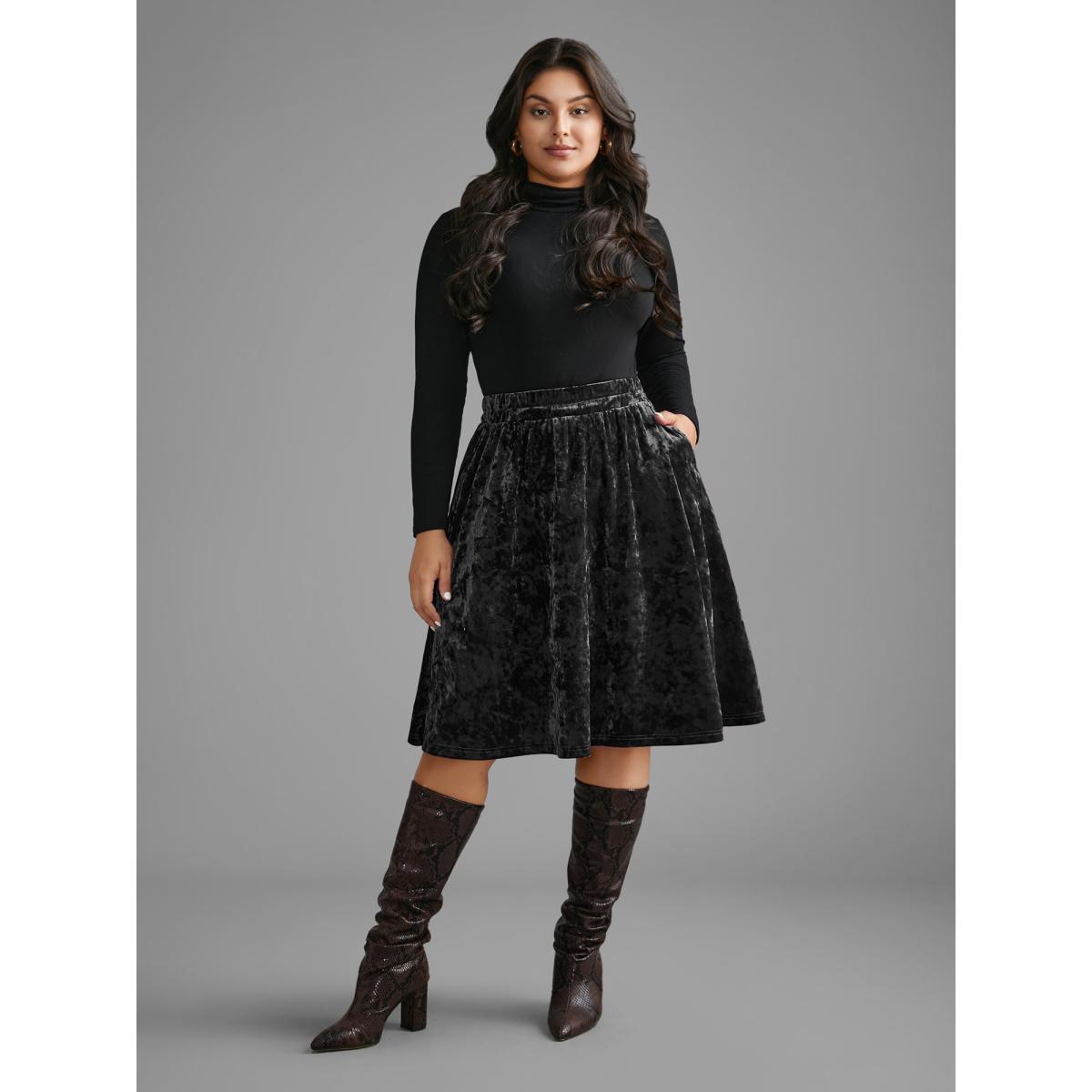 Plus Size Velvet Elastic Waist Skirt Women Black Elegant Loose Medium stretch Slanted pocket Everyday Skirts BloomChic 14-16/1X Product Image