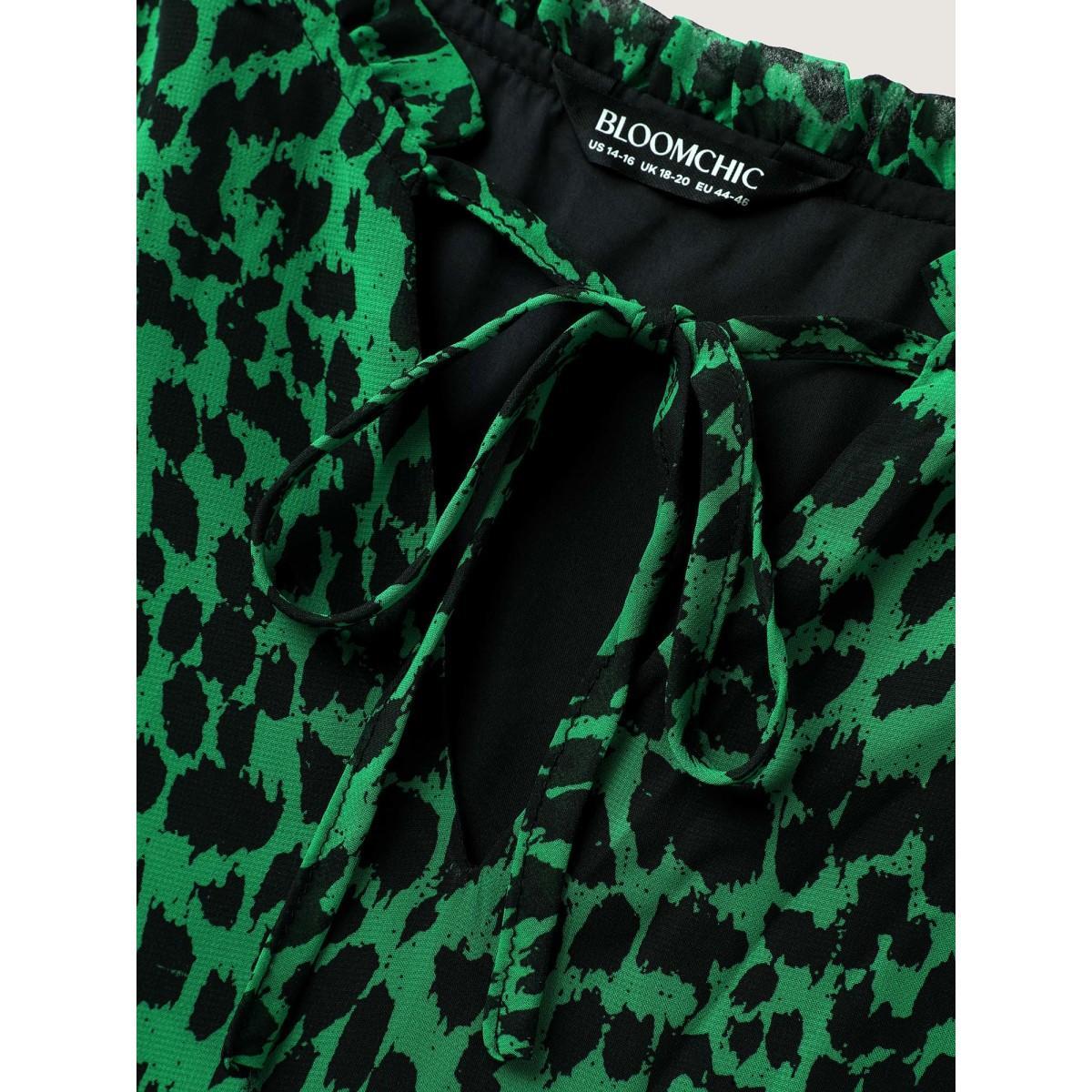 Plus Size DarkGreen Leopard Print Tie Knot Lantern Sleeve Blouse Women Elegant Long Sleeve V-neck Everyday Blouses BloomChic 30/6X Product Image