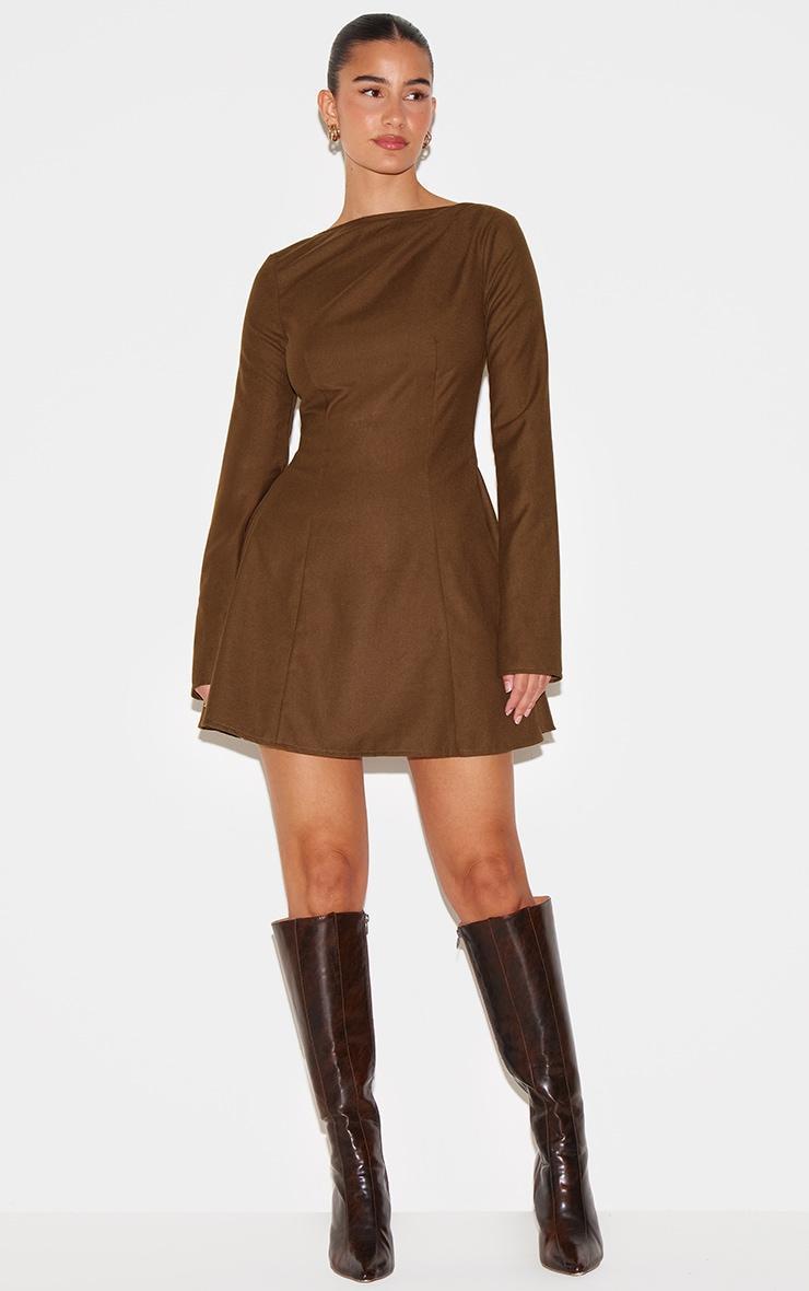 Chocolate Structured Woven Boat Neck Shift Dress Product Image