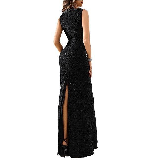 Terani Couture Embellished Boat Neck Sleeveless Tweed Column Gown Product Image
