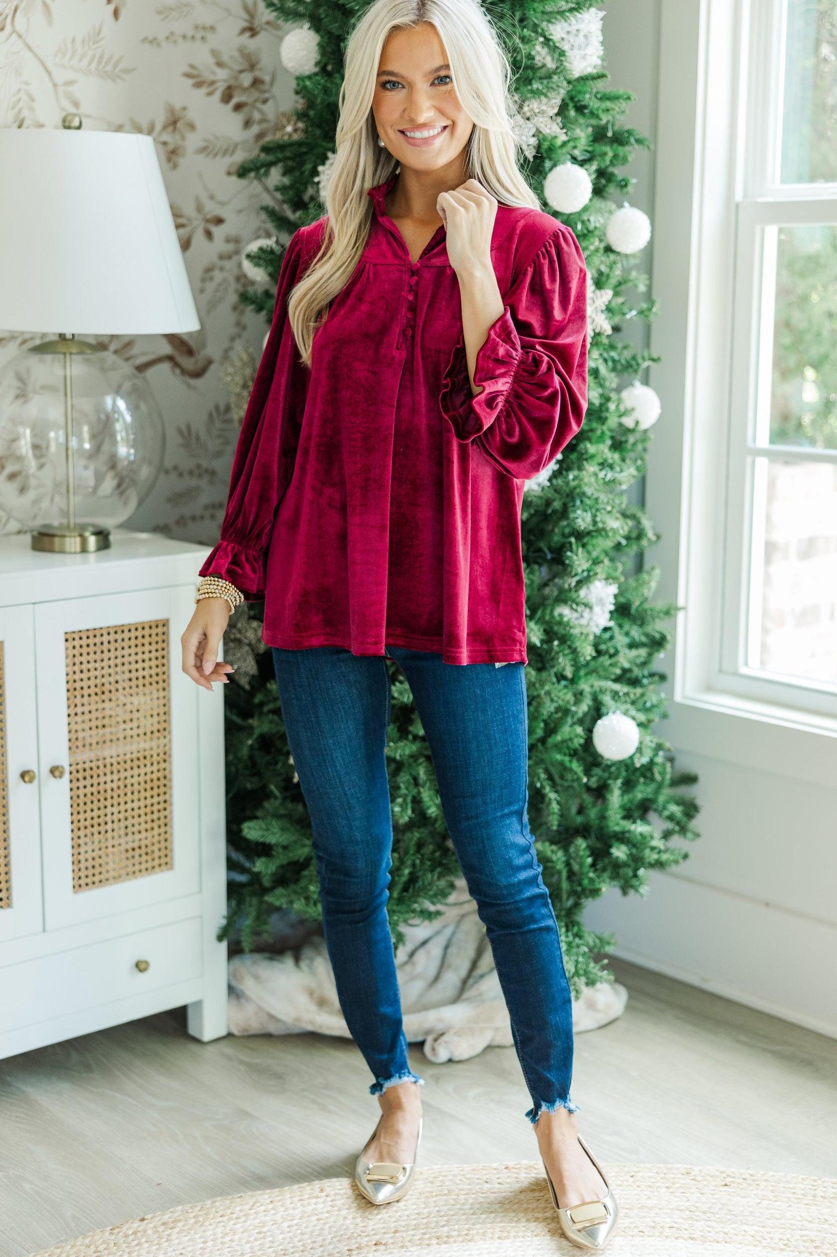 Look Into It Burgundy Red Velvet Blouse Female Product Image