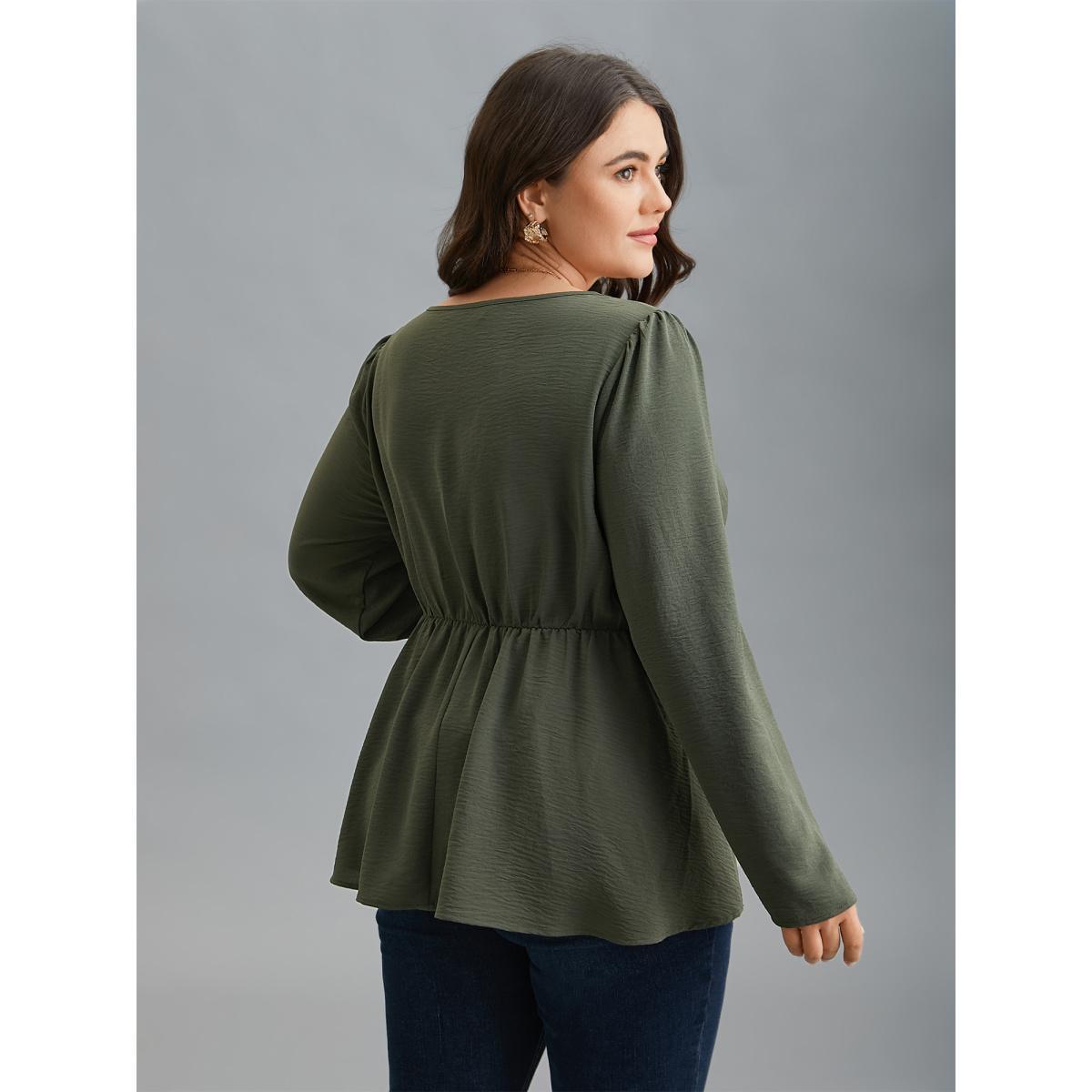 Plus Size ArmyGreen Asymmetrical Neckline Stretchy Waist Plicated Detail Blouse Women Elegant Extra Long Sleeve Asymmetrical Neck Everyday Blouses BloomChic 14-16/1X Product Image