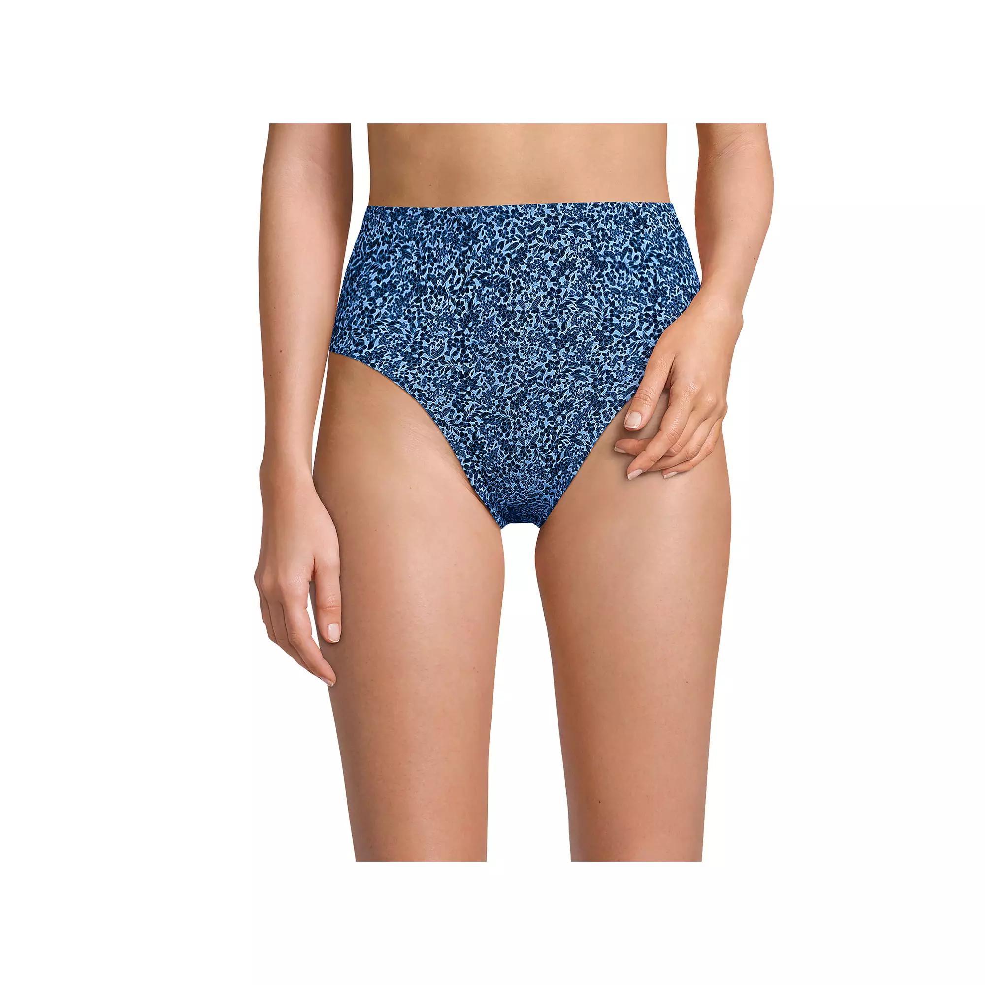 Women's Lands' End Smoothing High Waisted Bikini Bottoms, Size: 16, Navy Blue Lilies Product Image