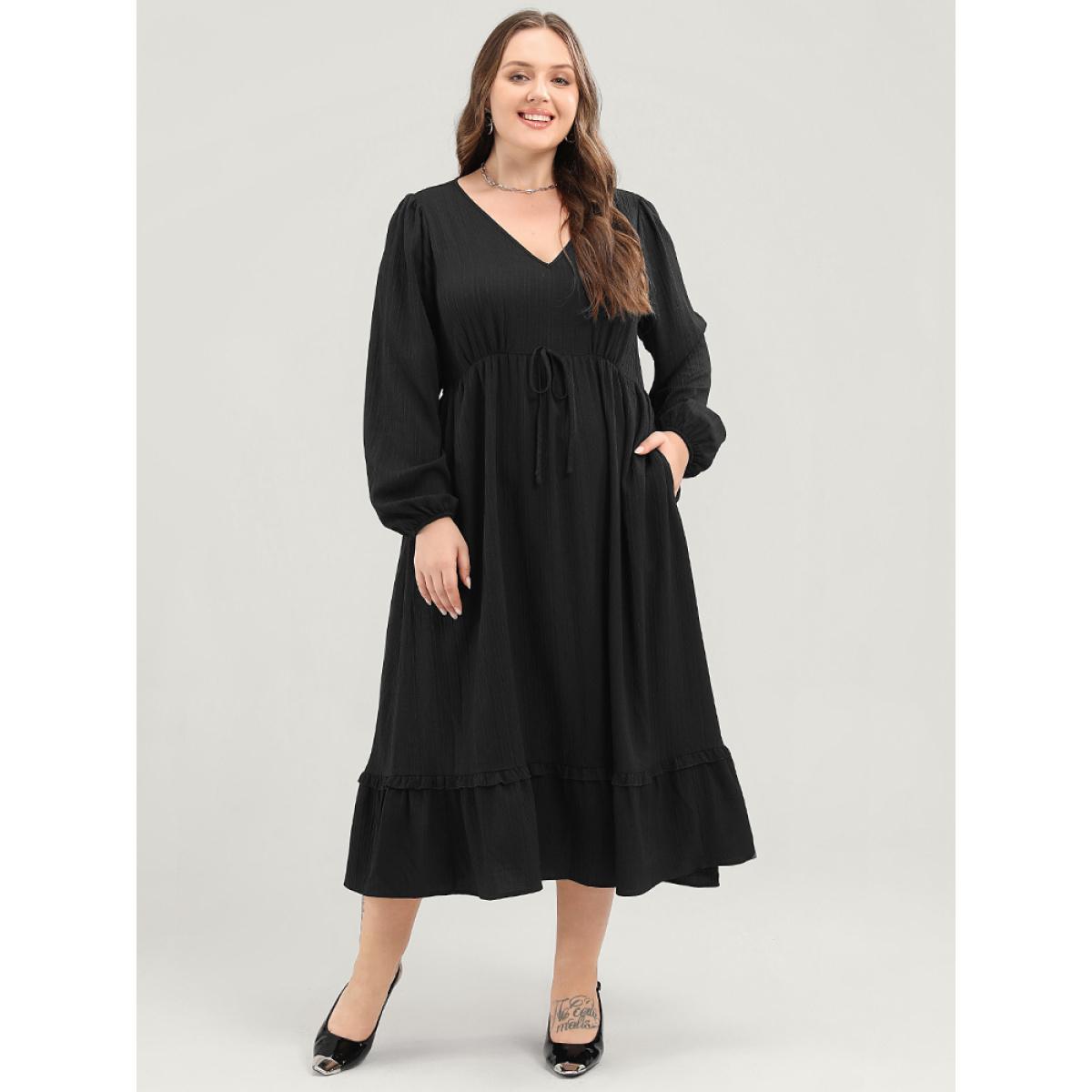 Plus Size Solid Lantern Sleeve Pocket Textured Ties Up Flutter Dress Black Women Office V-neck Long Sleeve Curvy Midi Dress BloomChic 14-16/1X Product Image