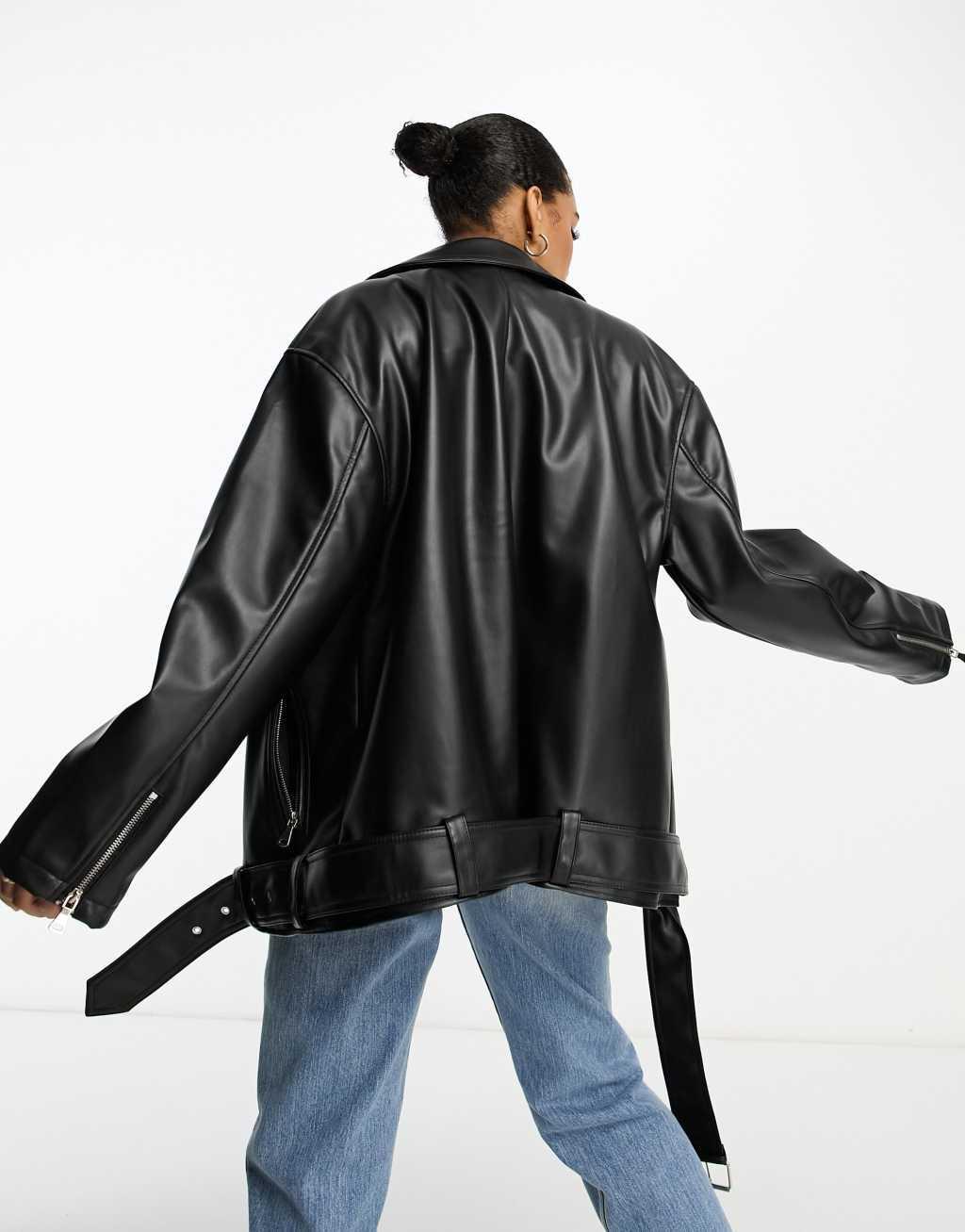 ASOS DESIGN Tall longline oversized faux leather biker jacket Product Image
