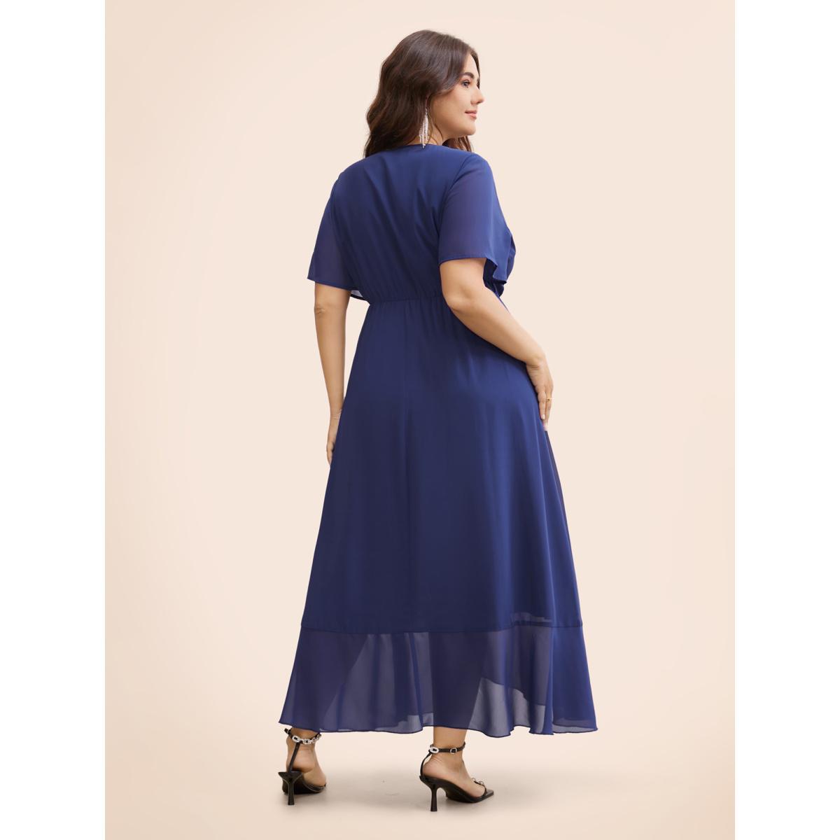 Plus Size Chiffon Overlap Collar Ruffle Sleeve Dress DarkBlue Women Formal See through Overlap Collar Short sleeve Curvy BloomChic 10/M Product Image