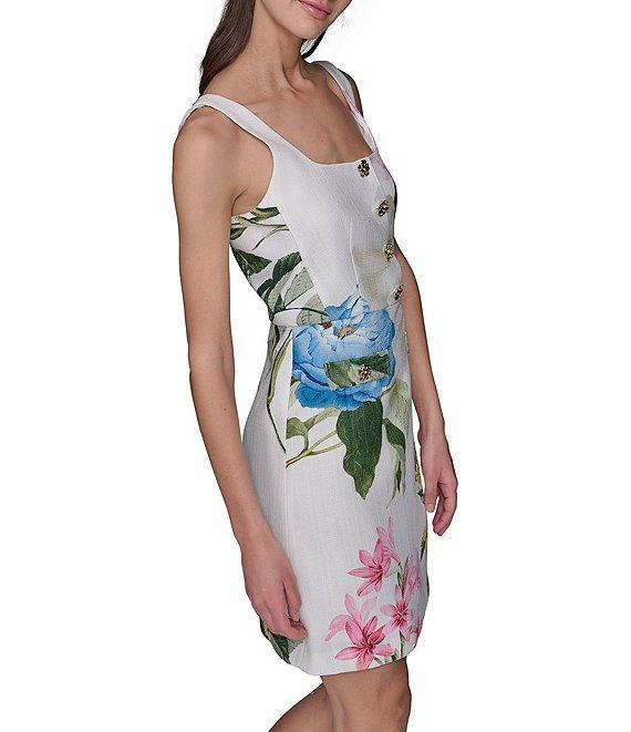 KARL LAGERFELD PARIS Tweed Floral Print Square Neck Sleeveless Sheath Mini Dress Product Image