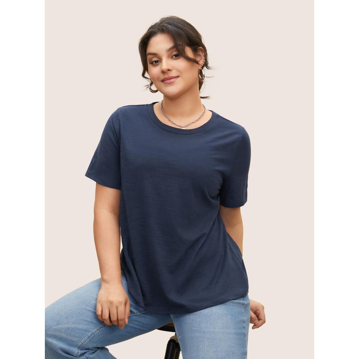Plus Size Cotton Solid Crew Neck Pit Strip T-shirt Indigo Women Basics Non Round Neck Everyday T-shirts BloomChic 10/M Product Image