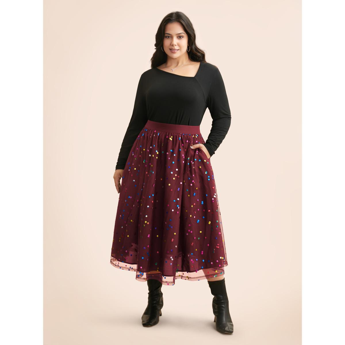 Plus Size Sequin Polka Dot Tiered Mesh Skirt Women Burgundy Cocktail Tiered Loose No stretch Side seam pocket Party Skirts BloomChic 26/4X Product Image
