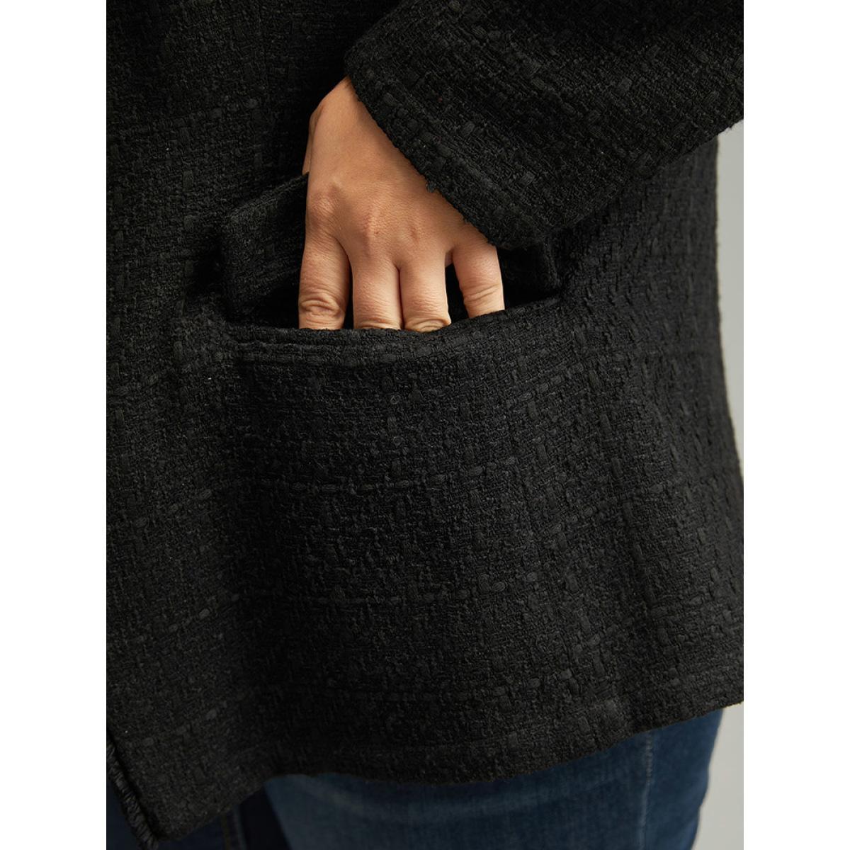 Plus Size Plain Tweed Plisse Pocket Button Through Blazer Black Women Dailywear Plain Texture Sleeve Long Sleeve Suit Collar 28/5X Pocket Elegant Blazers BloomChic Product Image