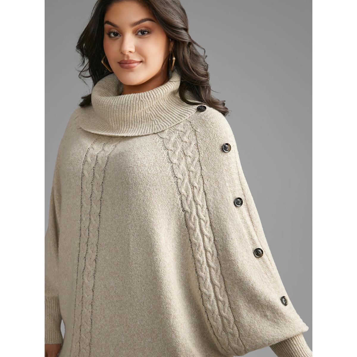 Plus Size Turtleneck Cable Knit Asymmetrical Hem Pullover Champagne Women Casual Loose Long Sleeve Ruffled collar Everyday Pullovers BloomChic 28/5X Product Image
