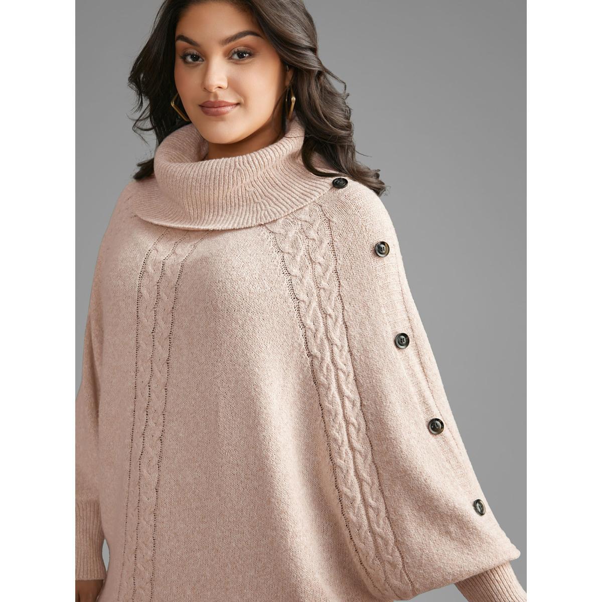Plus Size Turtleneck Cable Knit Asymmetrical Hem Pullover Nudepink Women Casual Loose Long Sleeve Ruffled collar Everyday Pullovers BloomChic 28/5X Product Image
