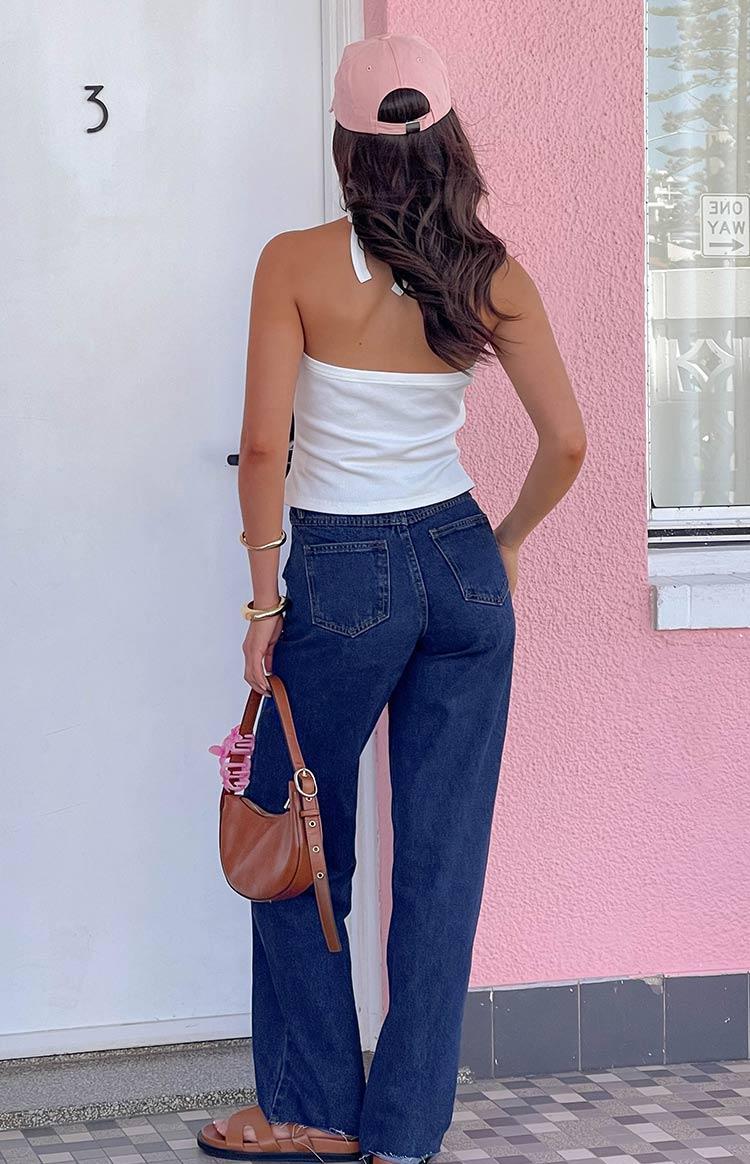 Kansis Dark Blue Uneven Waist Jeans Product Image
