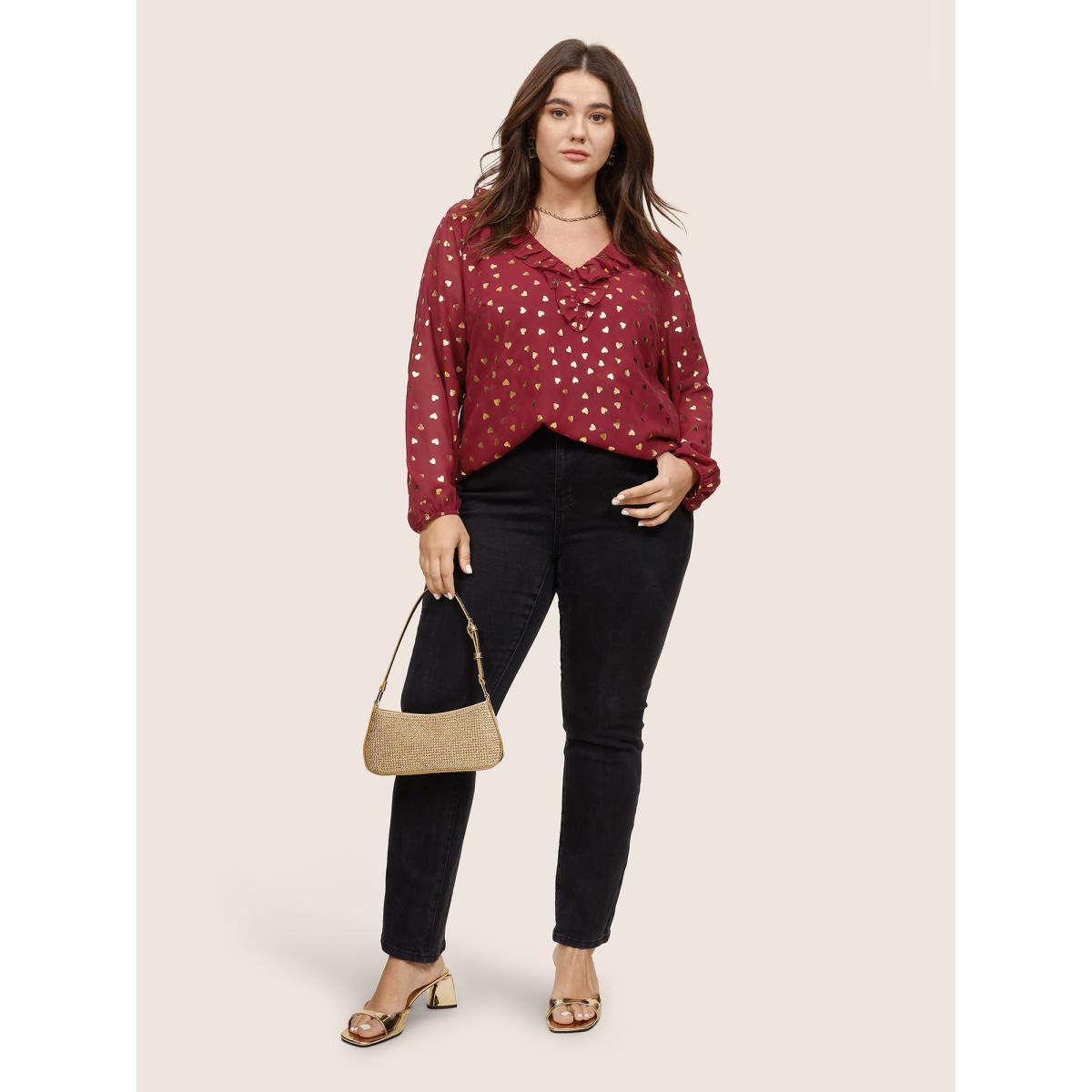Plus Size Scarlet Glitter Heart Flutters Lantern Sleeve Blouse Women Glamour Long Sleeve V-neck Dailywear Blouses BloomChic 18-20/2X Product Image