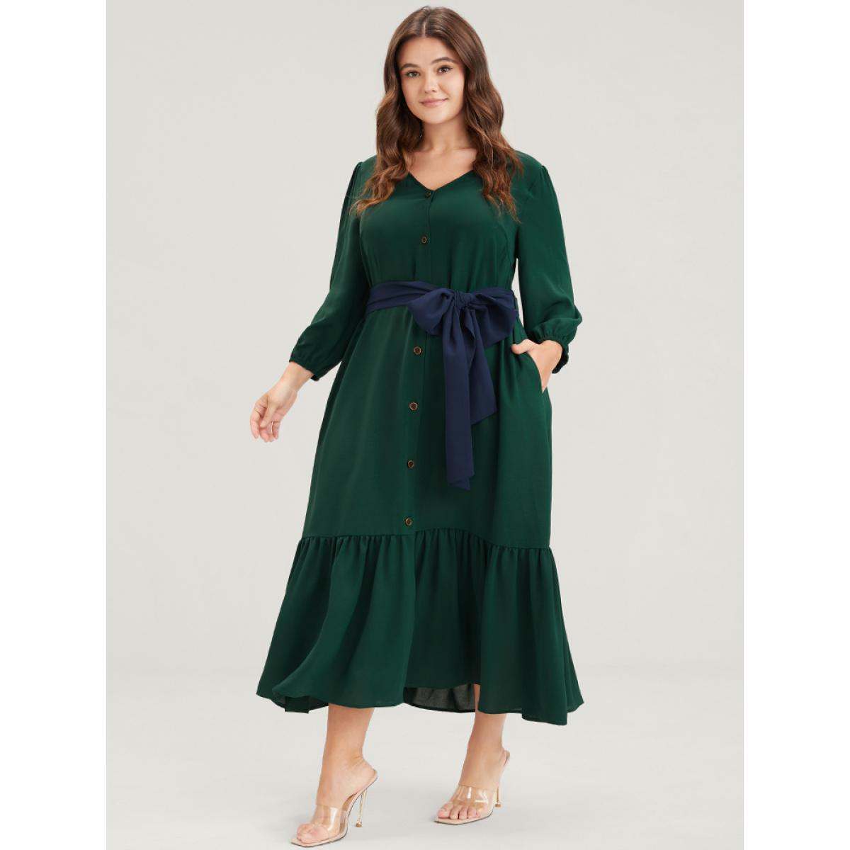 Plus Size Solid Lantern Sleeve Pocket Button Flutter Hem Contrast Belted Dress Green Women Casual Belted V-neck Elbow-length sleeve Curvy Long Dress BloomChic 30/6X Product Image