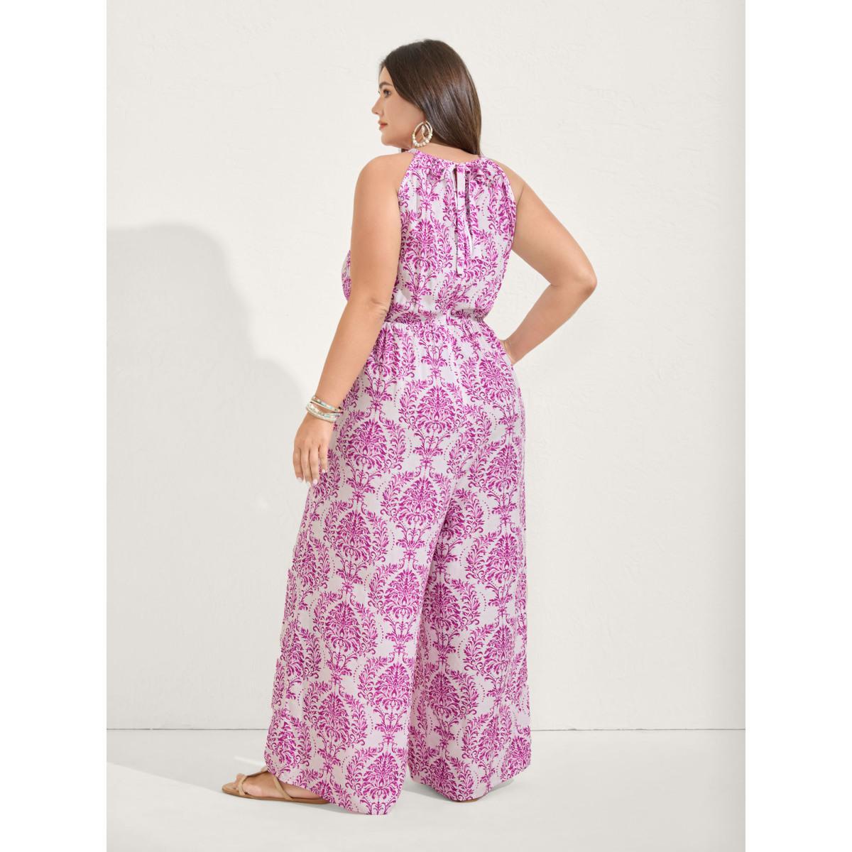 Plus Size Lilac Rayon Damask Print Stretchy Waist Jumpsuit Women Sleeveless Halter neck Vacation Loose Jumpsuits BloomChic 26/4X Product Image
